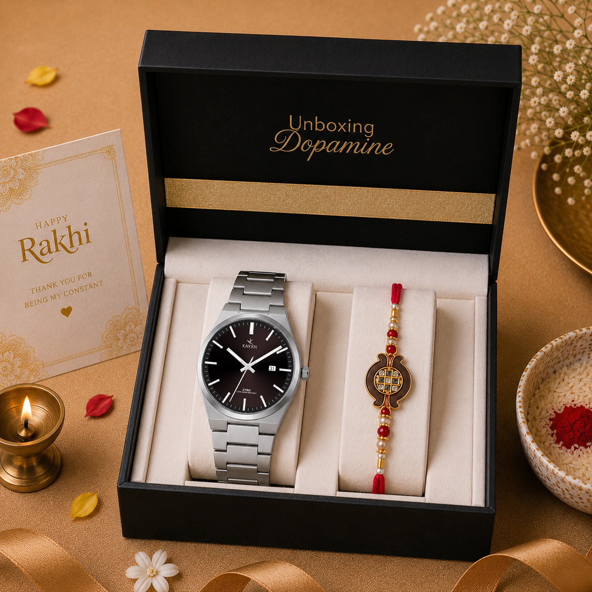 Emerald Prestige Watch & Rakhi Gift Set for Him - Brown