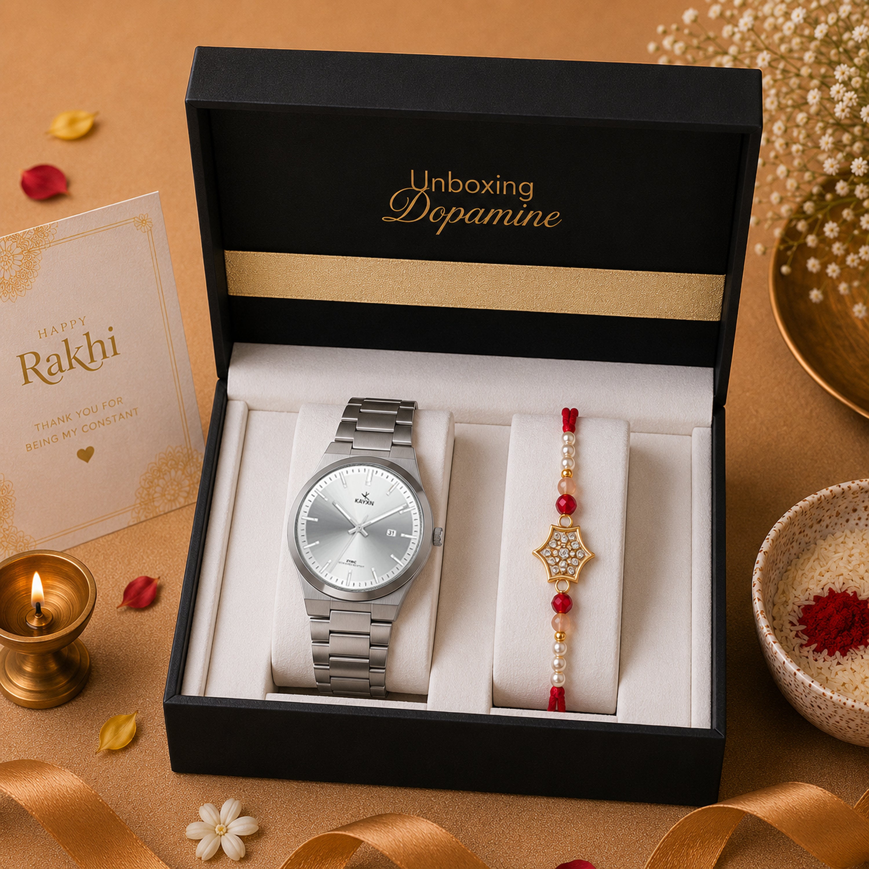 Emerald Prestige Watch & Rakhi Gift Set for Him - Silver