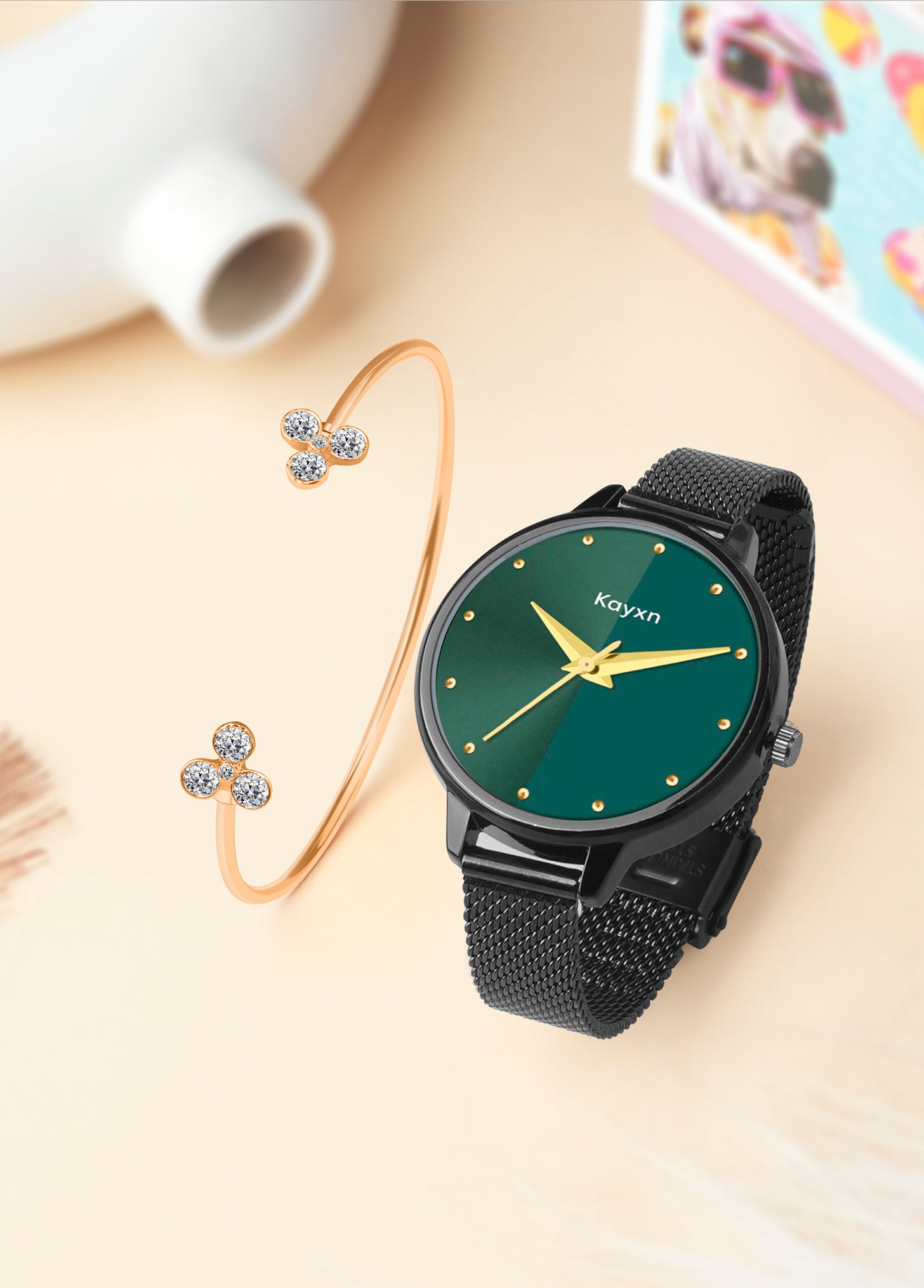 Jade Black Embellished Watch & Radiant Flora Bracelet Combo
