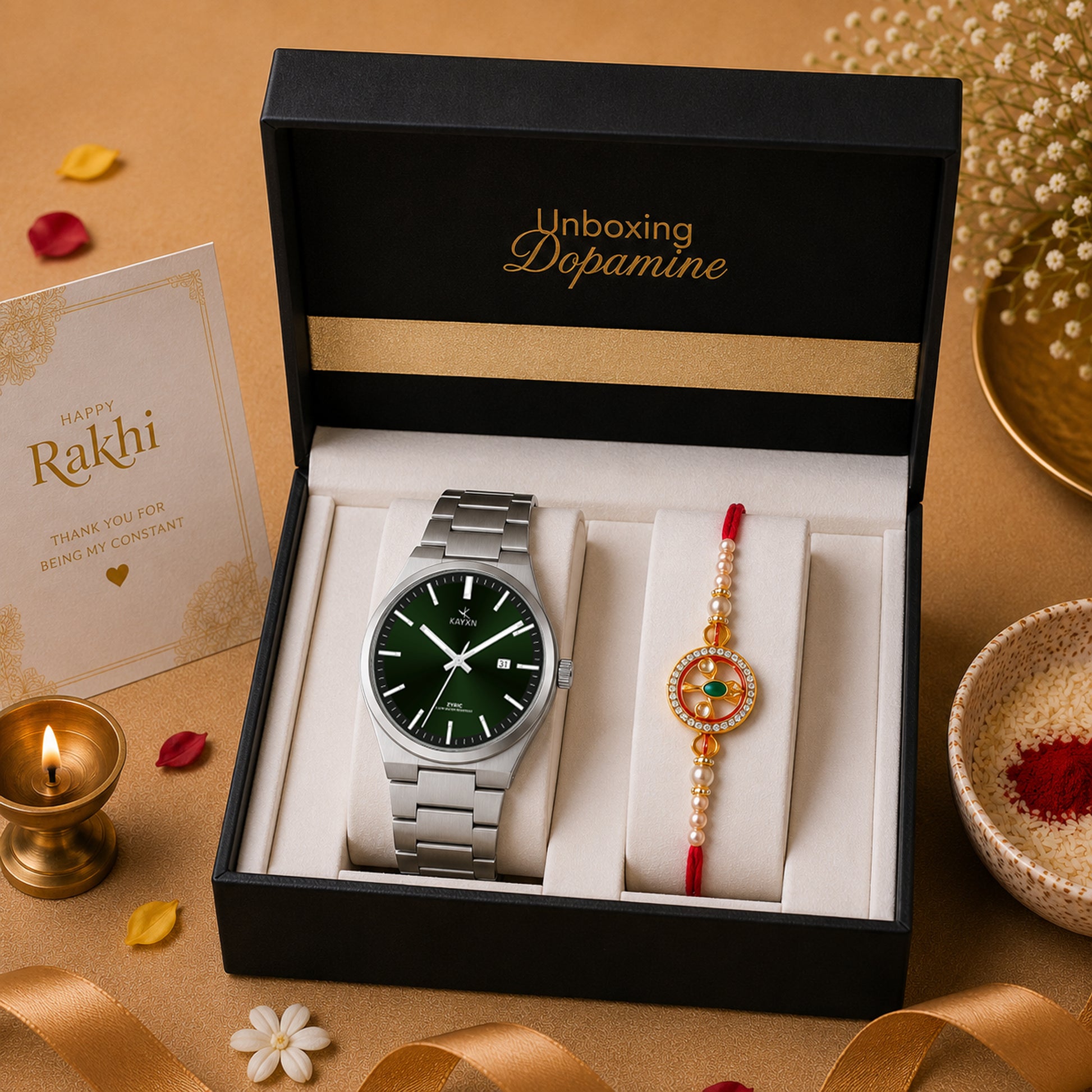 Emerald Prestige Watch & Rakhi Gift Set for Him - Green