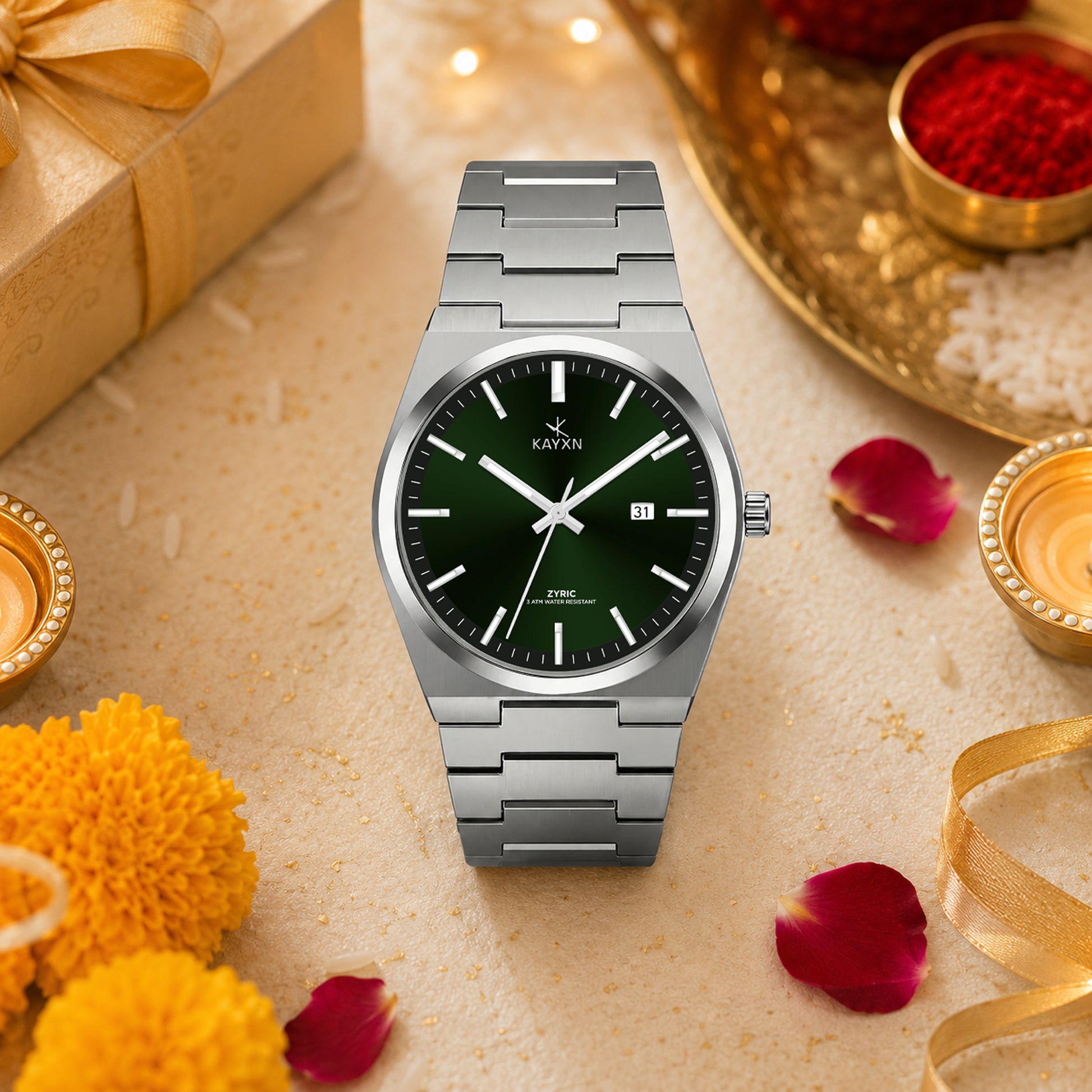 Emerald Prestige Watch & Rakhi Gift Set for Him - Green