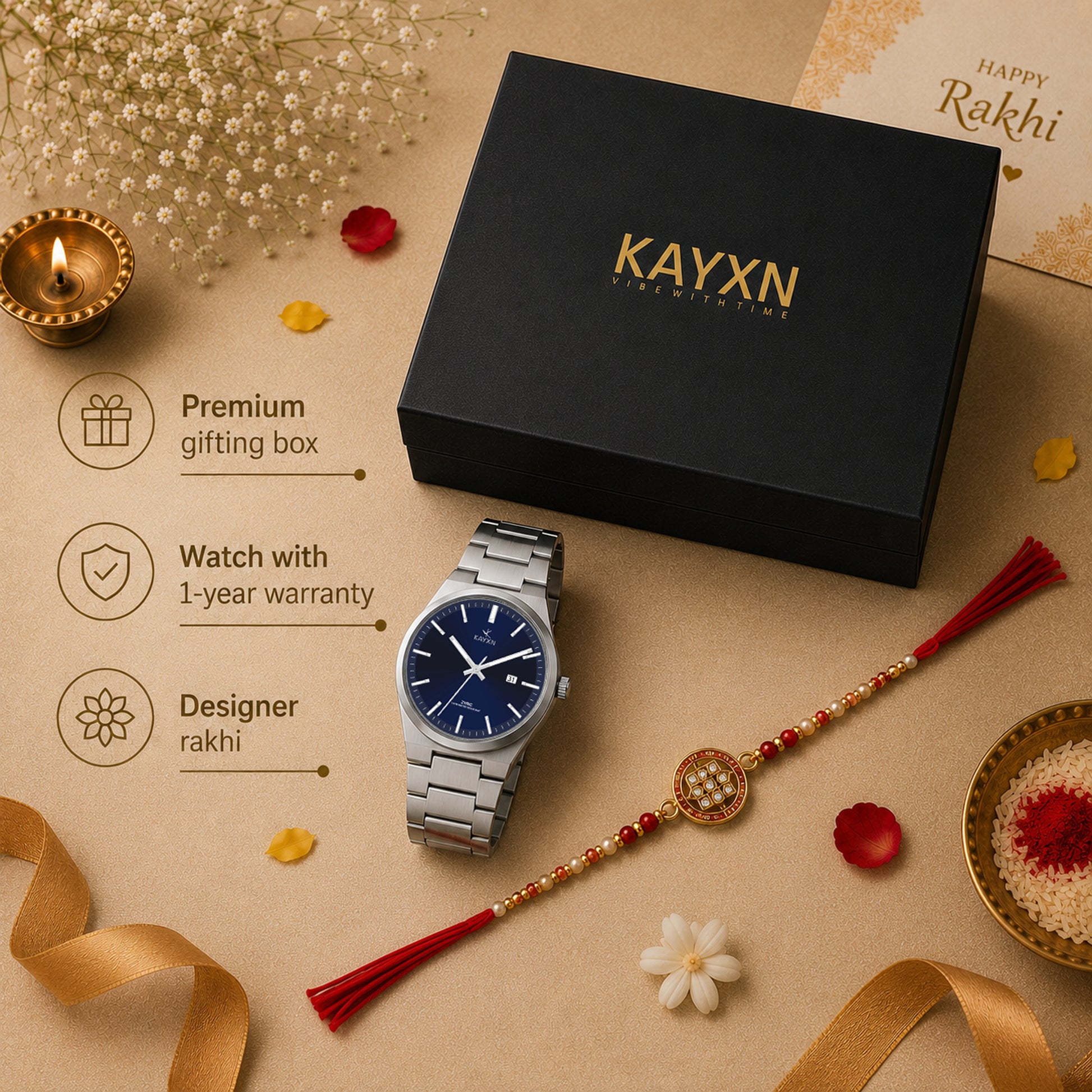 Emerald Prestige Watch & Rakhi Gift Set for Him - Blue