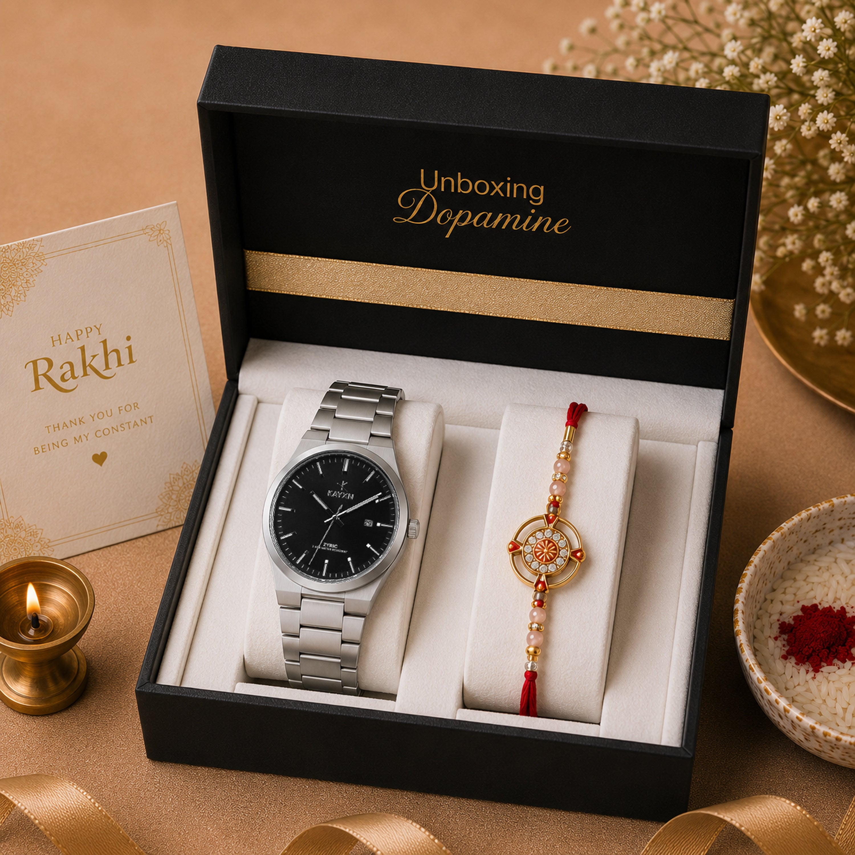Emerald Prestige Watch & Rakhi Gift Set for Him - Black