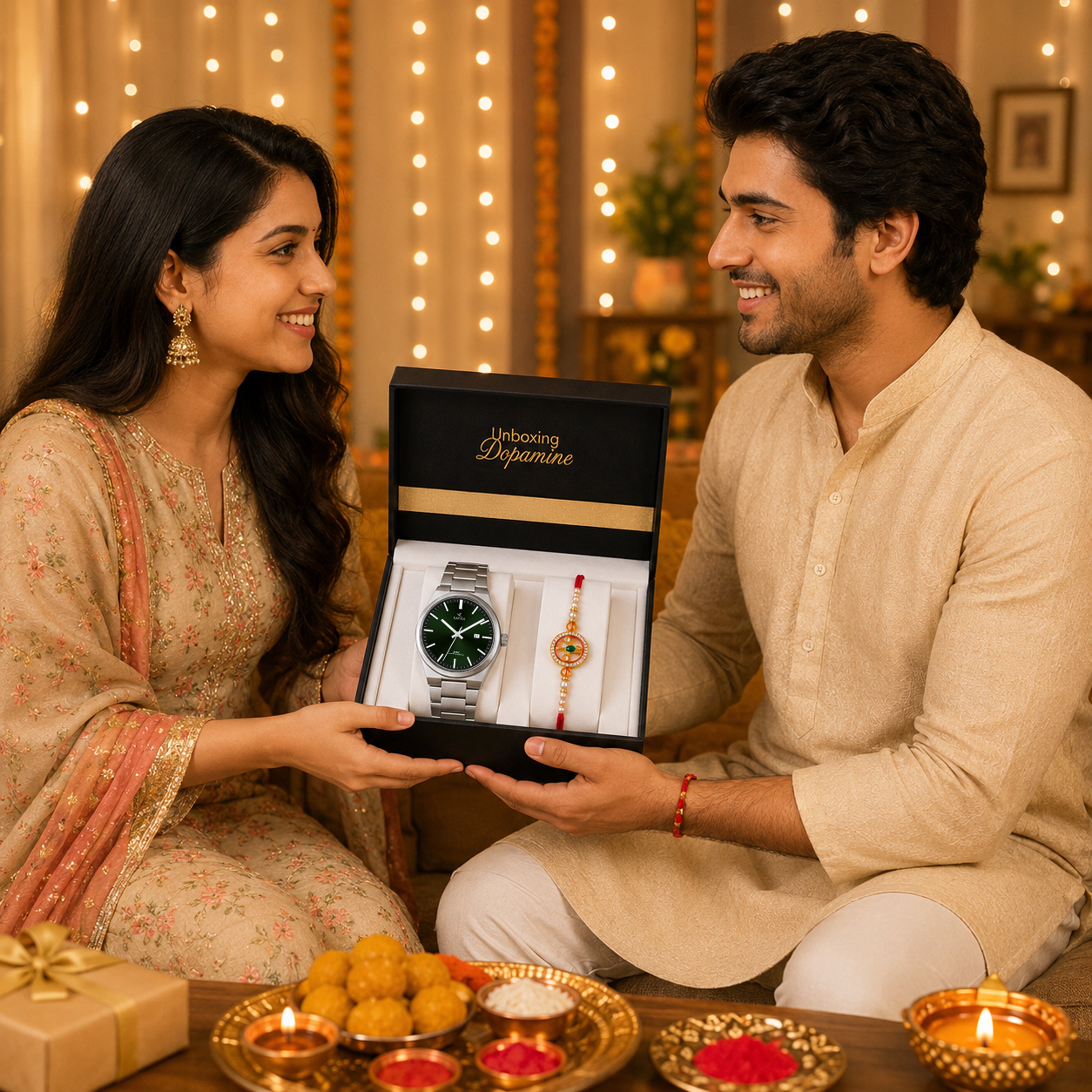 Emerald Prestige Watch & Rakhi Gift Set for Him - Green