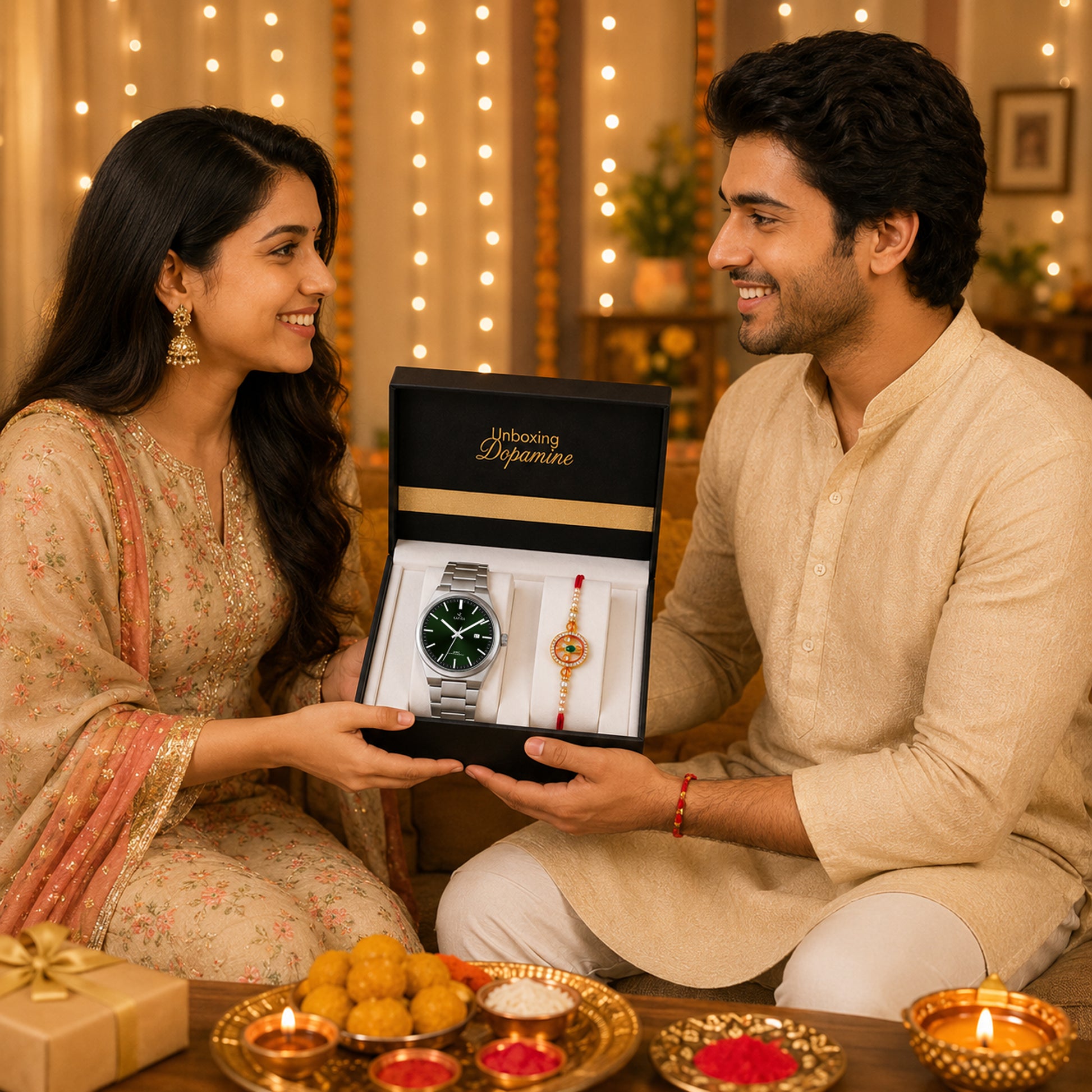 Emerald Prestige Watch & Rakhi Gift Set for Him - Green