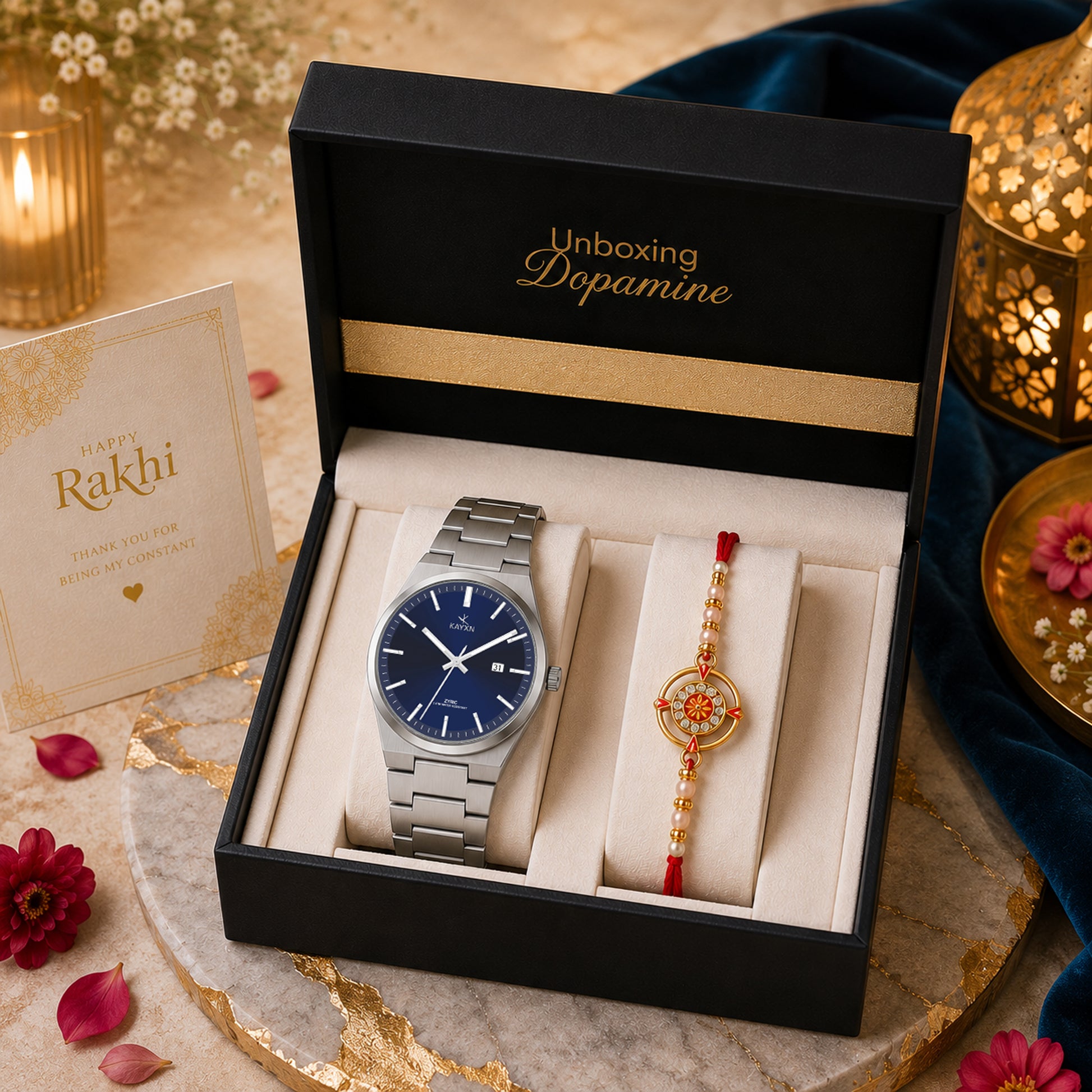 Emerald Prestige Watch & Rakhi Gift Set for Him - Blue
