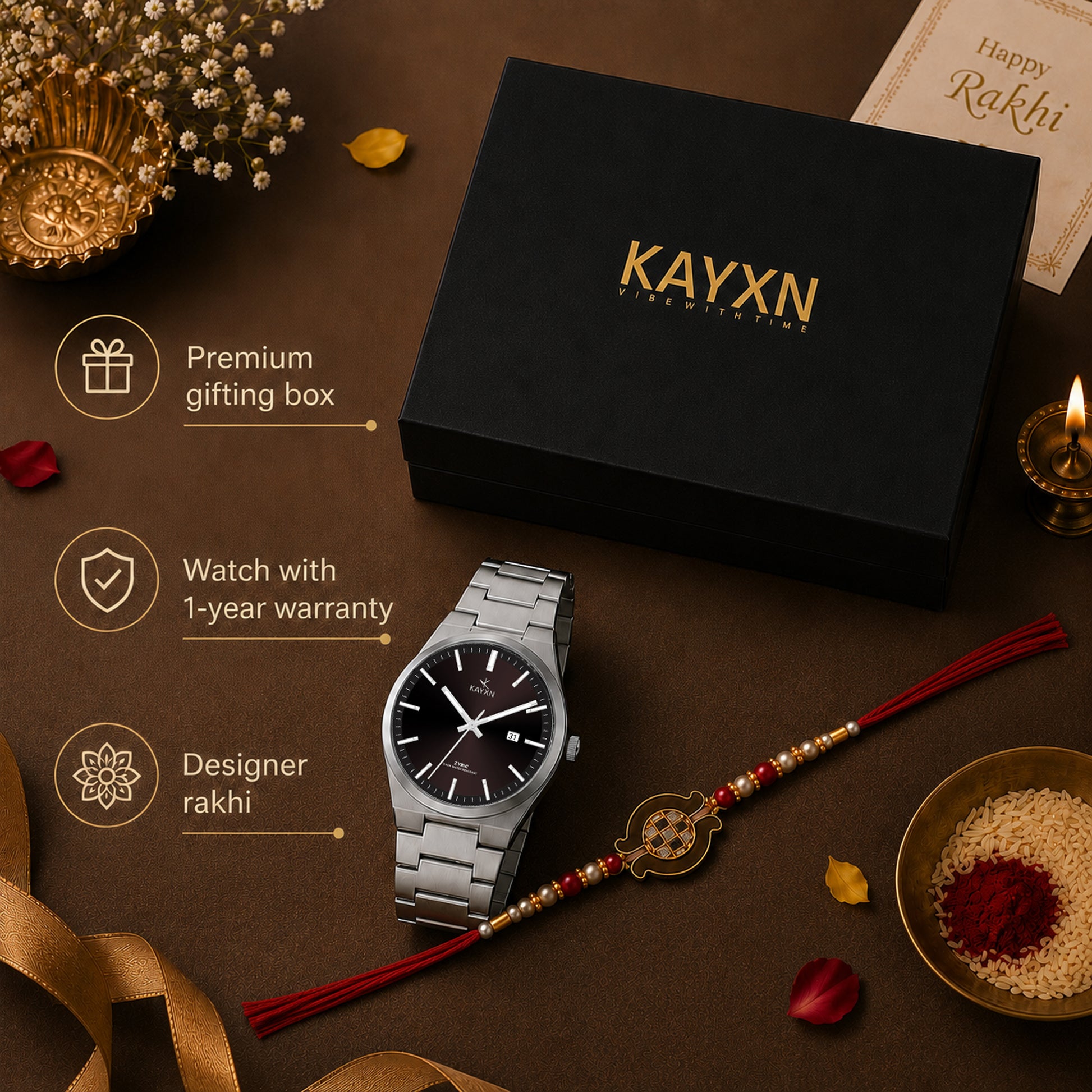 Emerald Prestige Watch & Rakhi Gift Set for Him - Brown