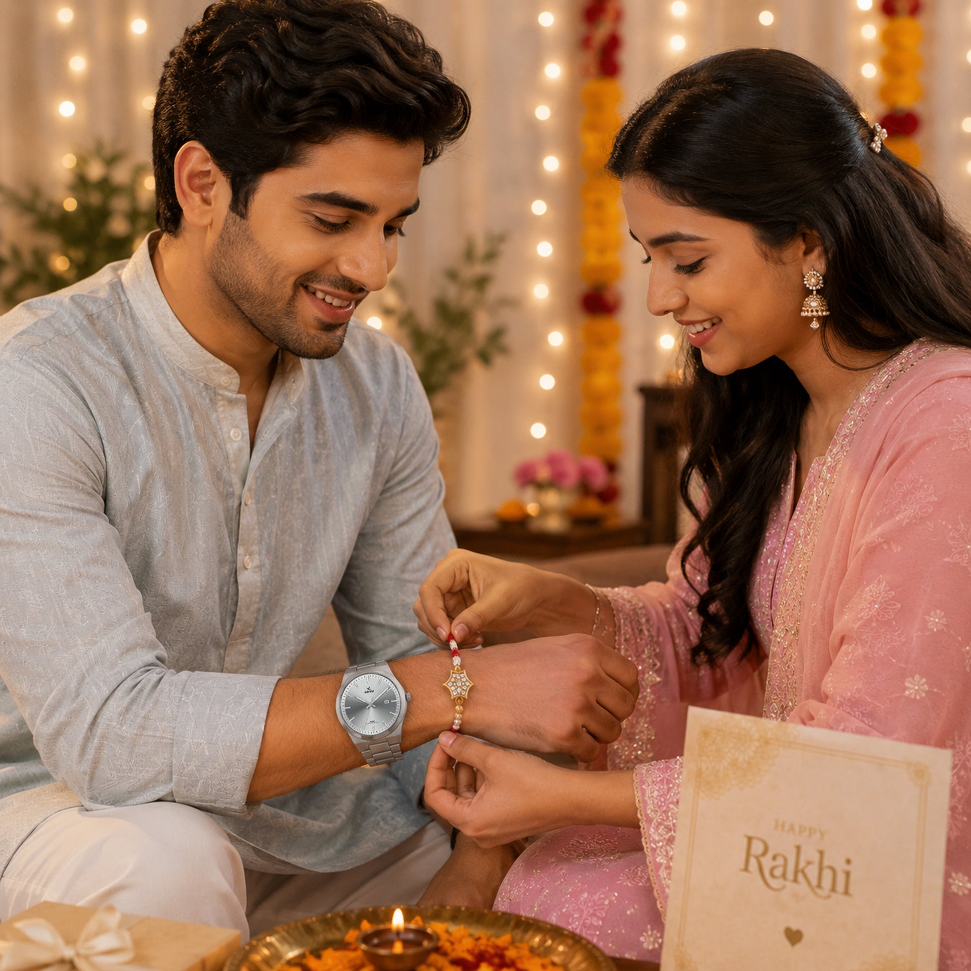 Emerald Prestige Watch & Rakhi Gift Set for Him - Silver