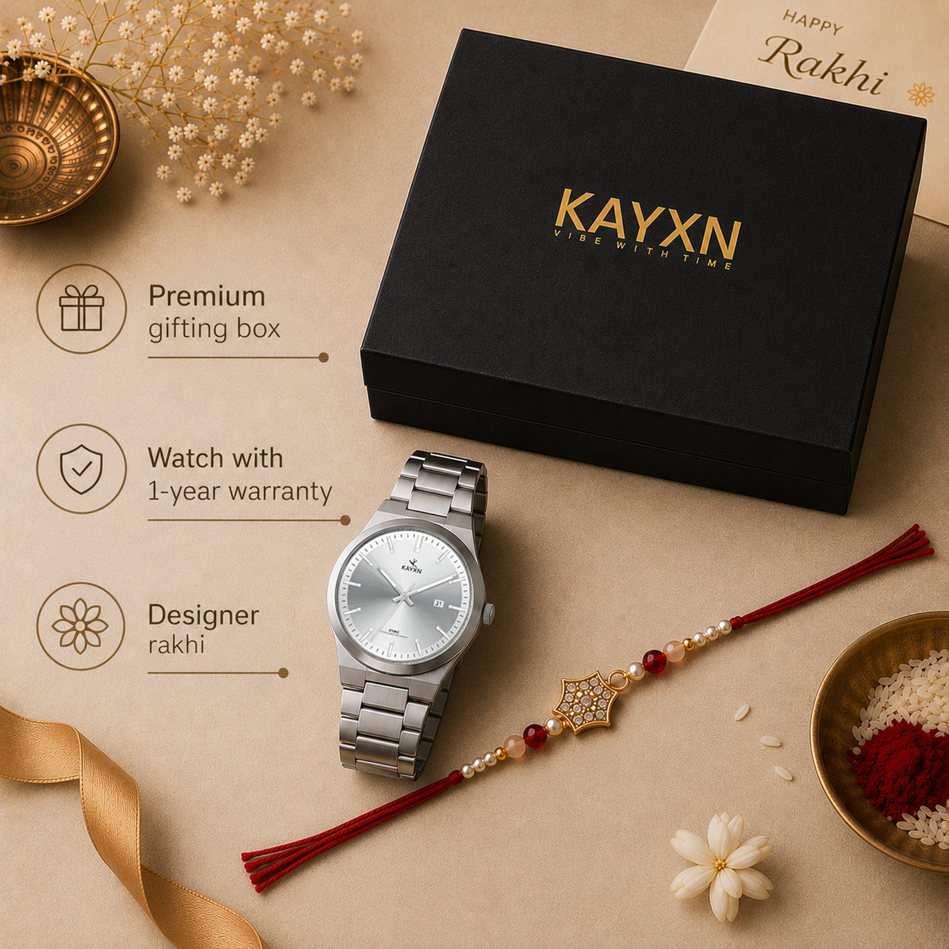 Emerald Prestige Watch & Rakhi Gift Set for Him - Silver