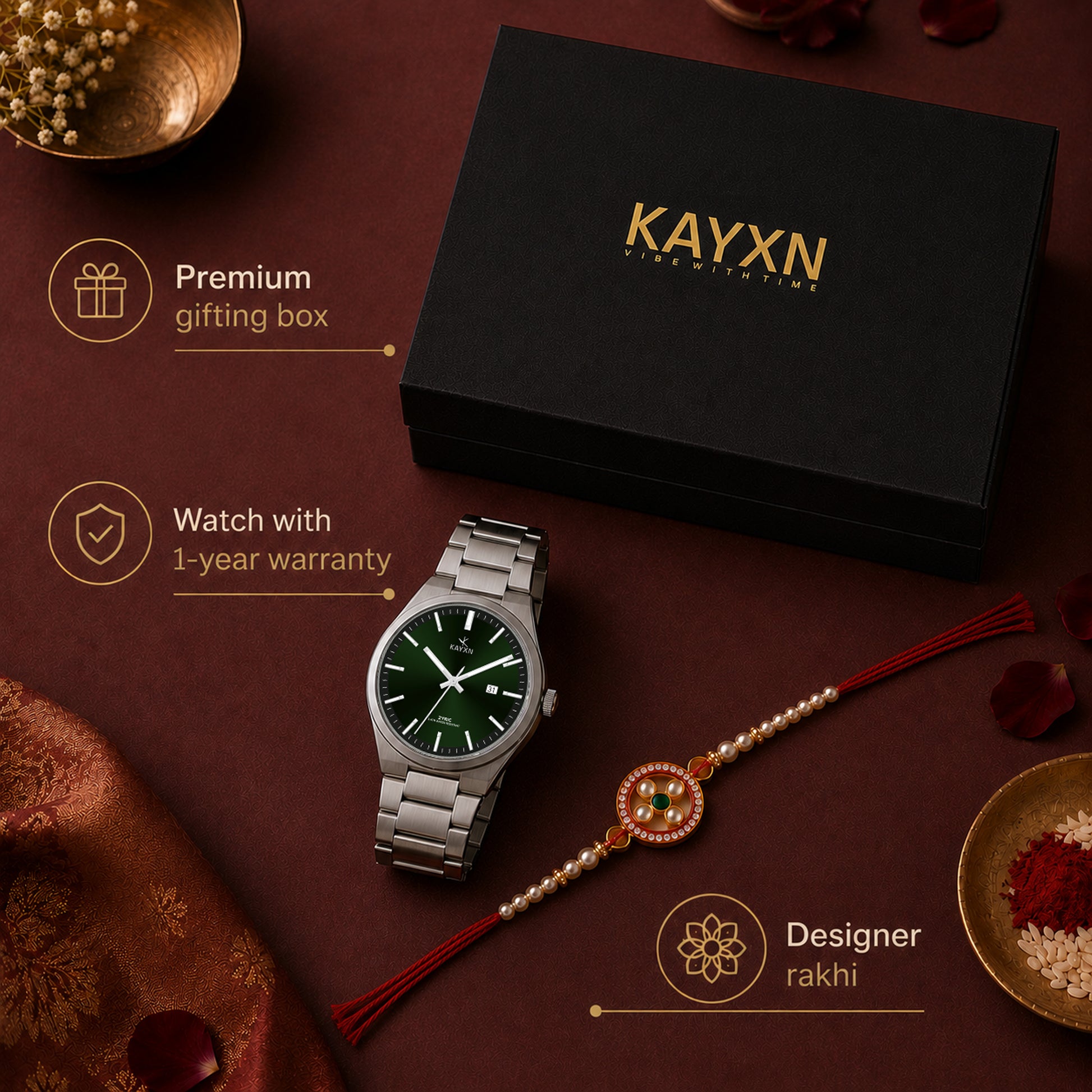 Emerald Prestige Watch & Rakhi Gift Set for Him - Green