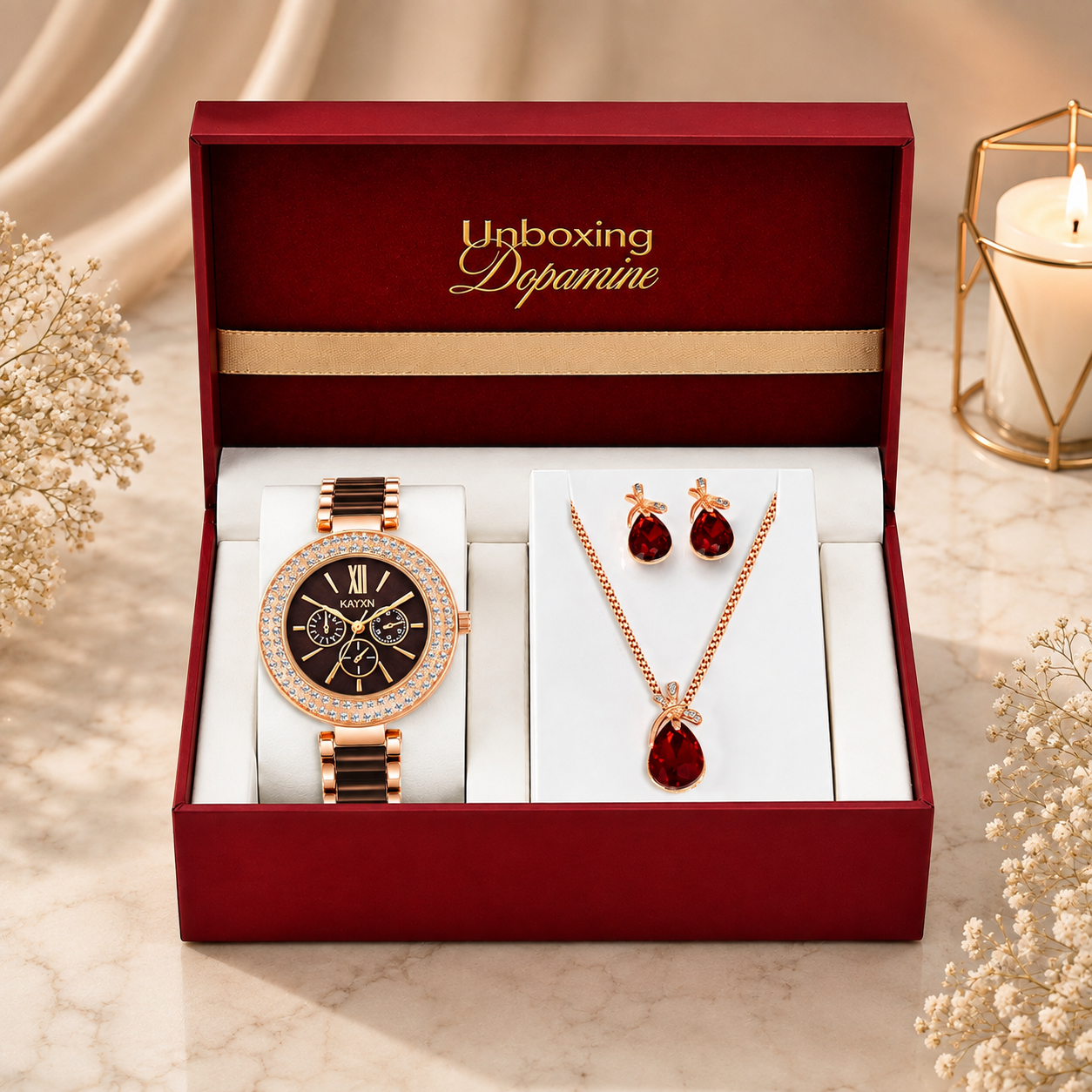 The Opaline Jewelry Gift Set with Watch - Ruby Red