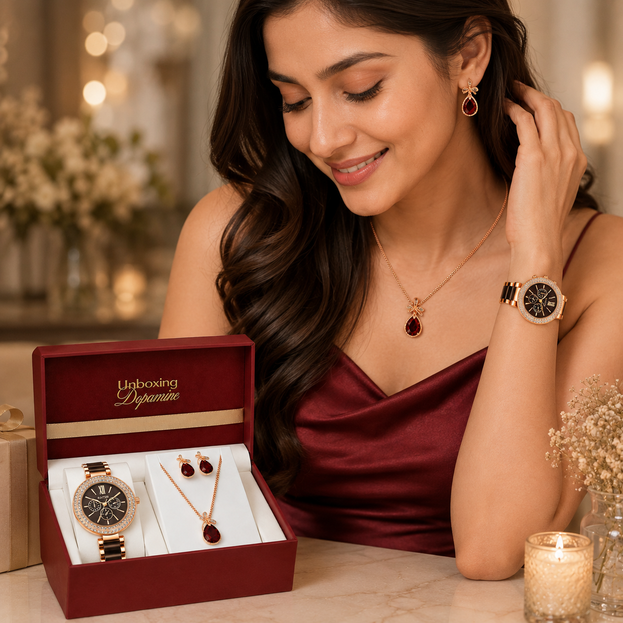 The Opaline Jewelry Gift Set with Watch - Ruby Red