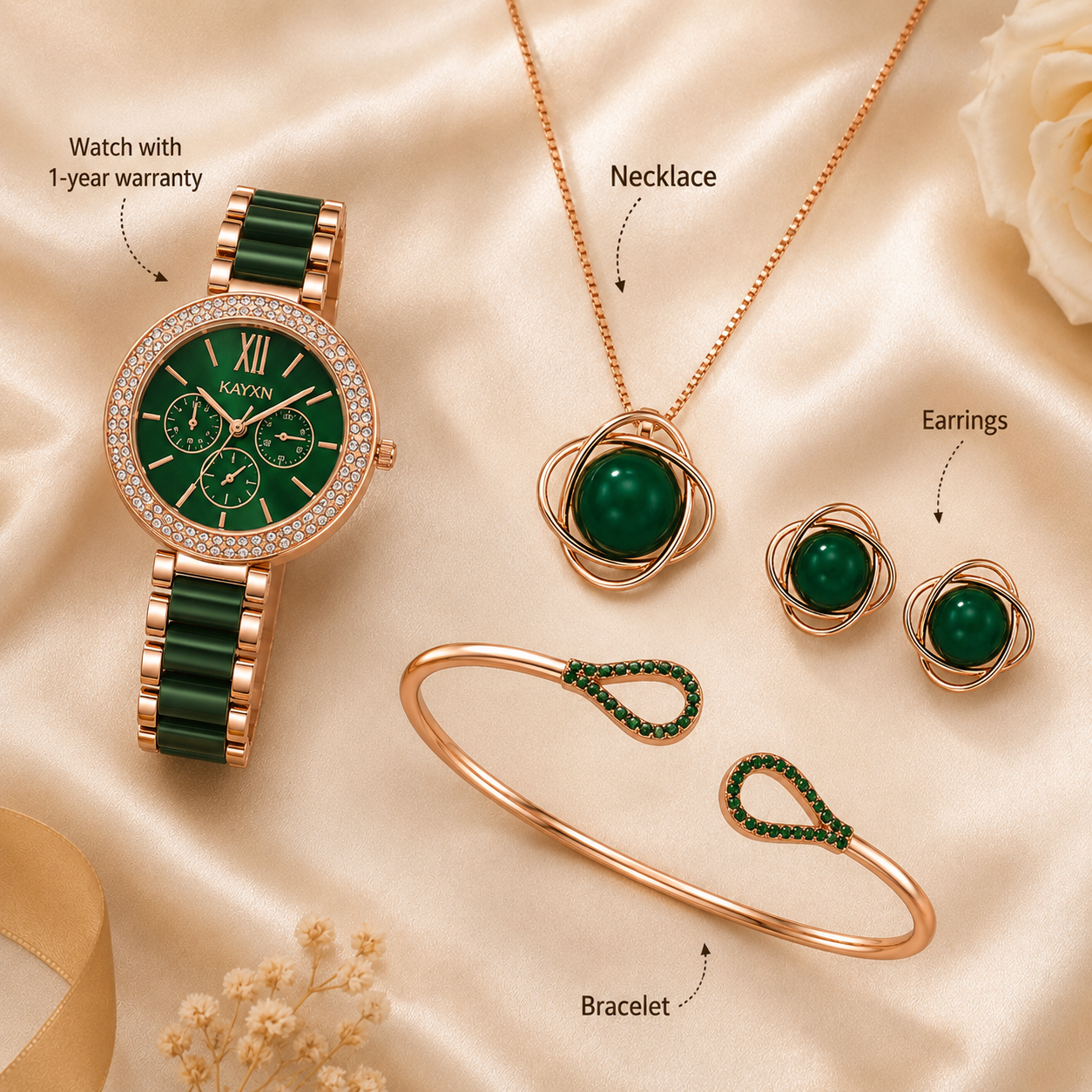 The Opaline Jewelry Gift Set with Watch - Emerald Green