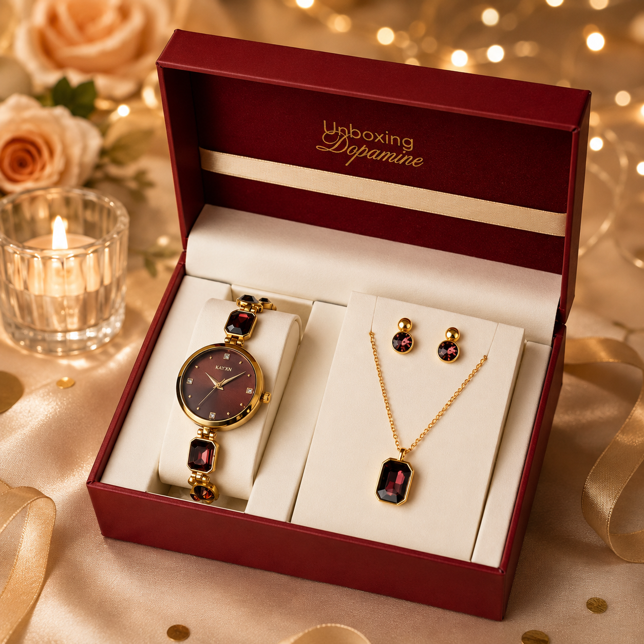 Celestique Edition Watch & Jewelry Set for Her - Burgundy