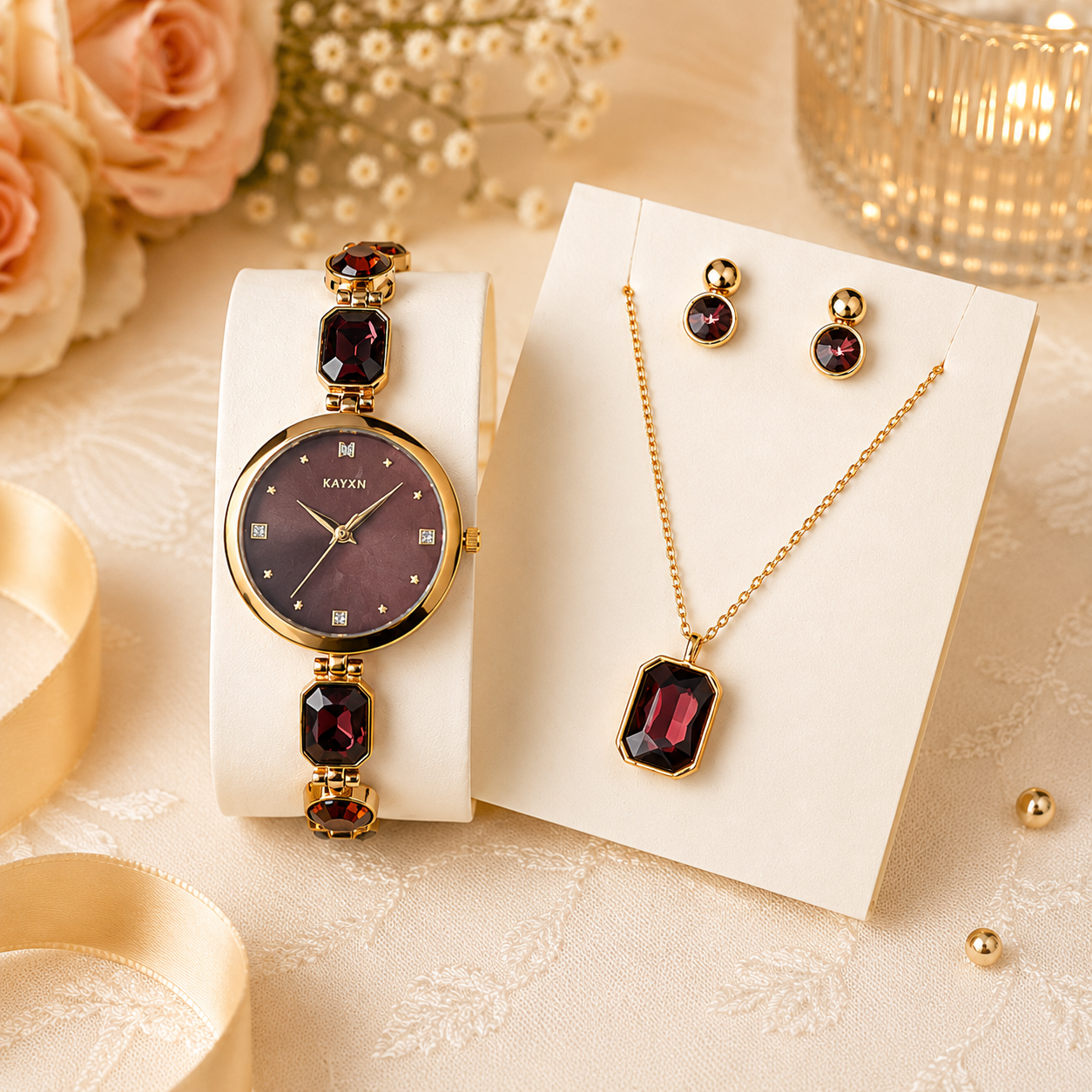 Celestique Edition Watch & Jewelry Set for Her - Burgundy
