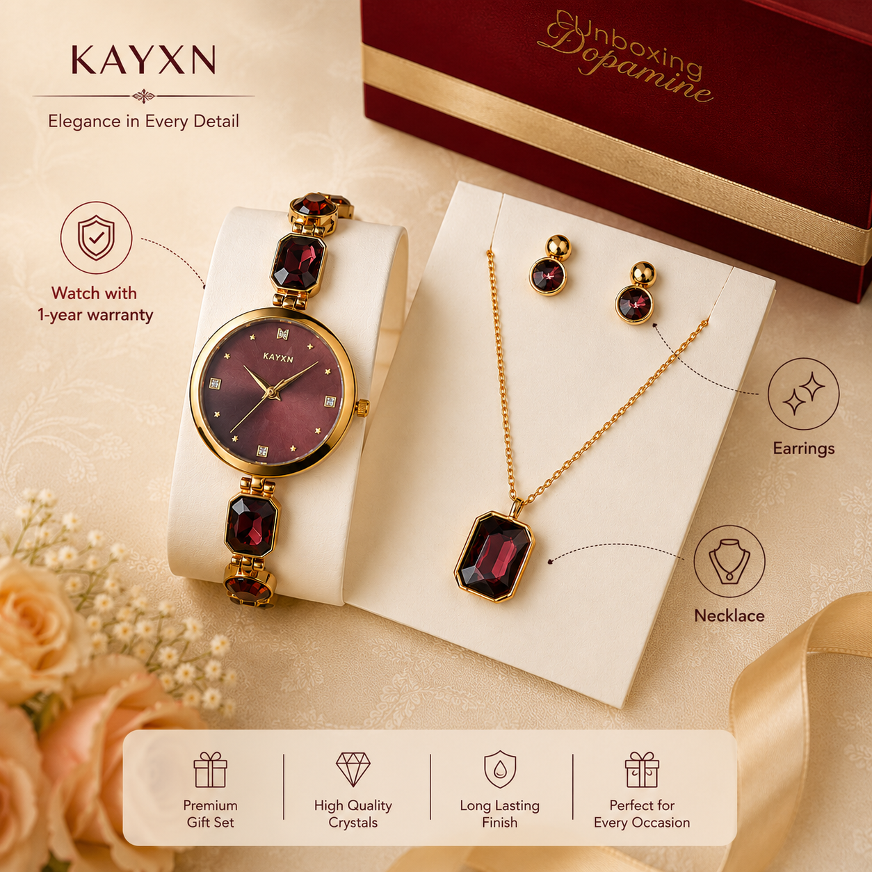 Celestique Edition Watch & Jewelry Set for Her - Burgundy