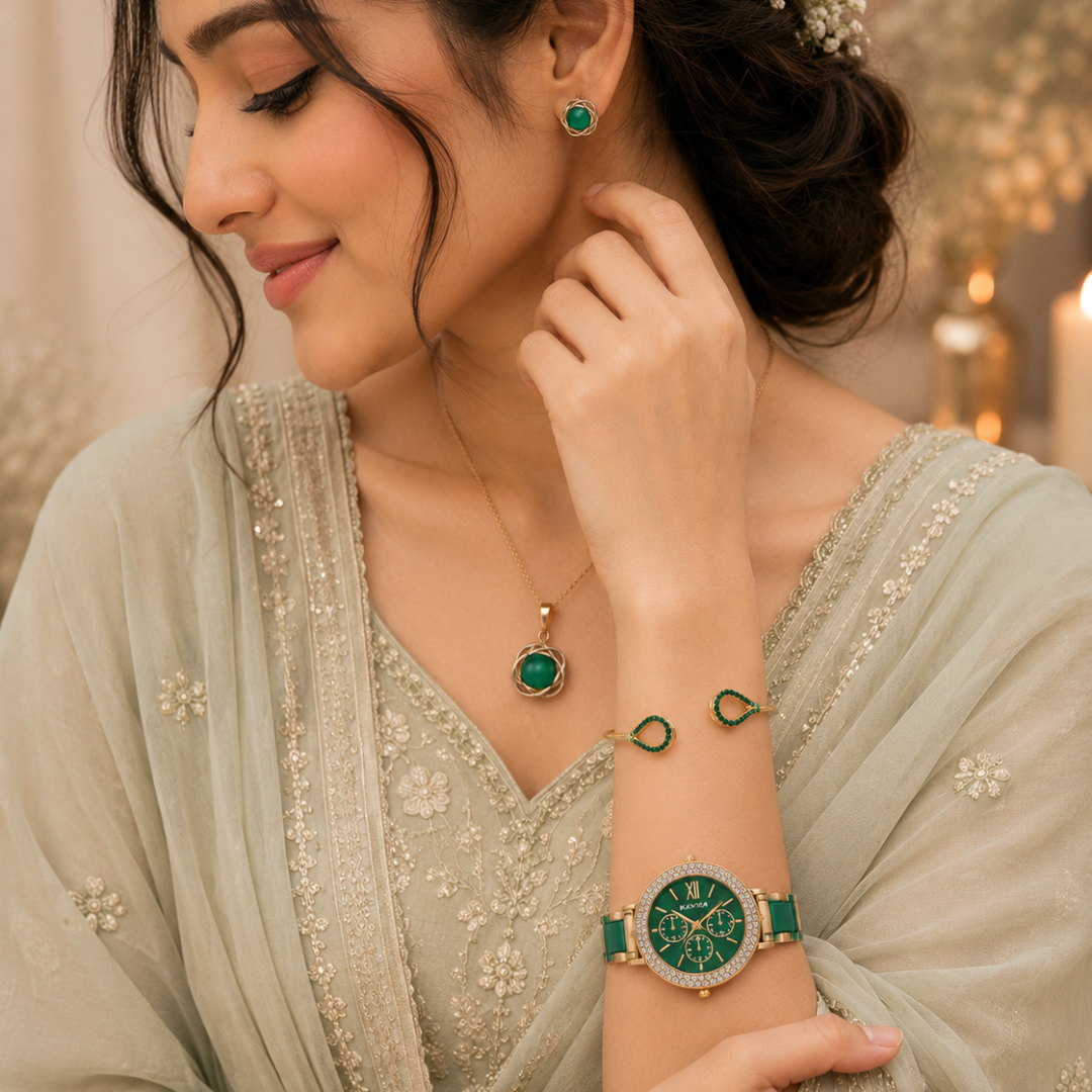The Opaline Jewelry Gift Set with Watch - Emerald Green