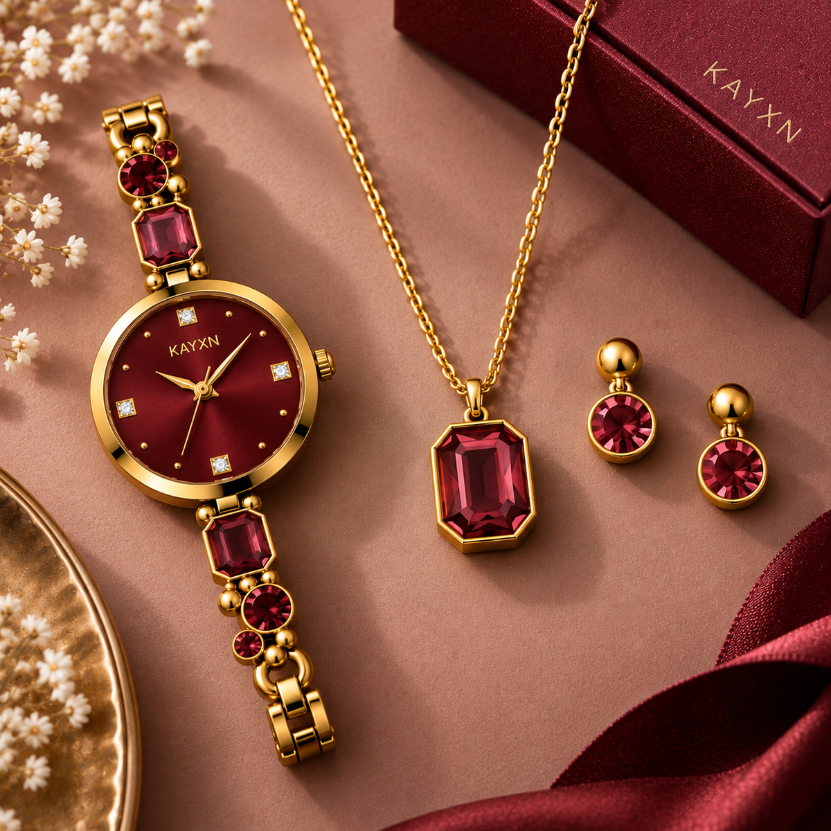 Celestique Edition Watch & Jewelry Set for Her - Burgundy