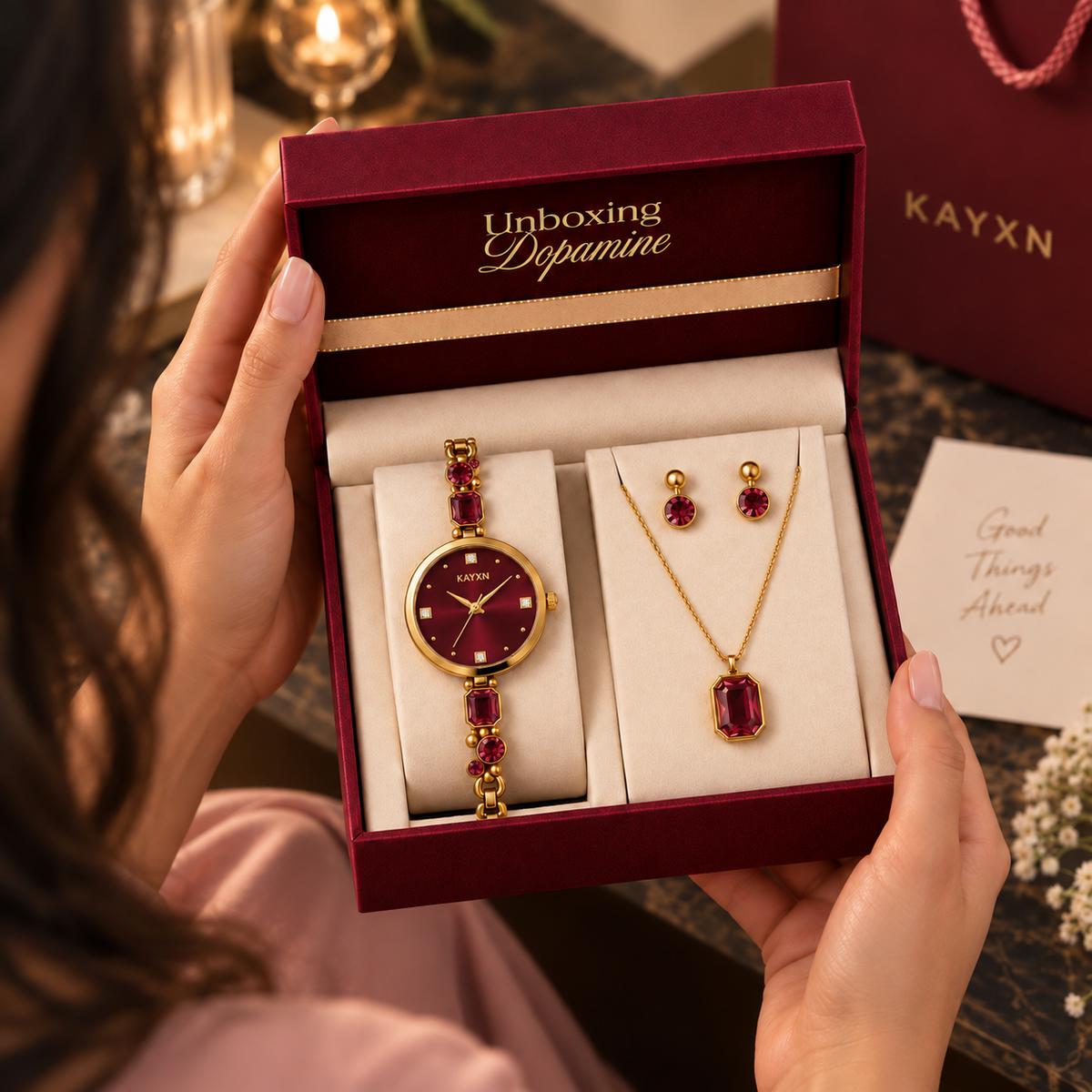 Celestique Edition Watch & Jewelry Set for Her - Burgundy