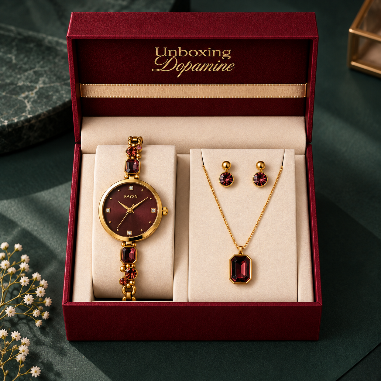 Celestique Edition Watch & Jewelry Set for Her - Burgundy