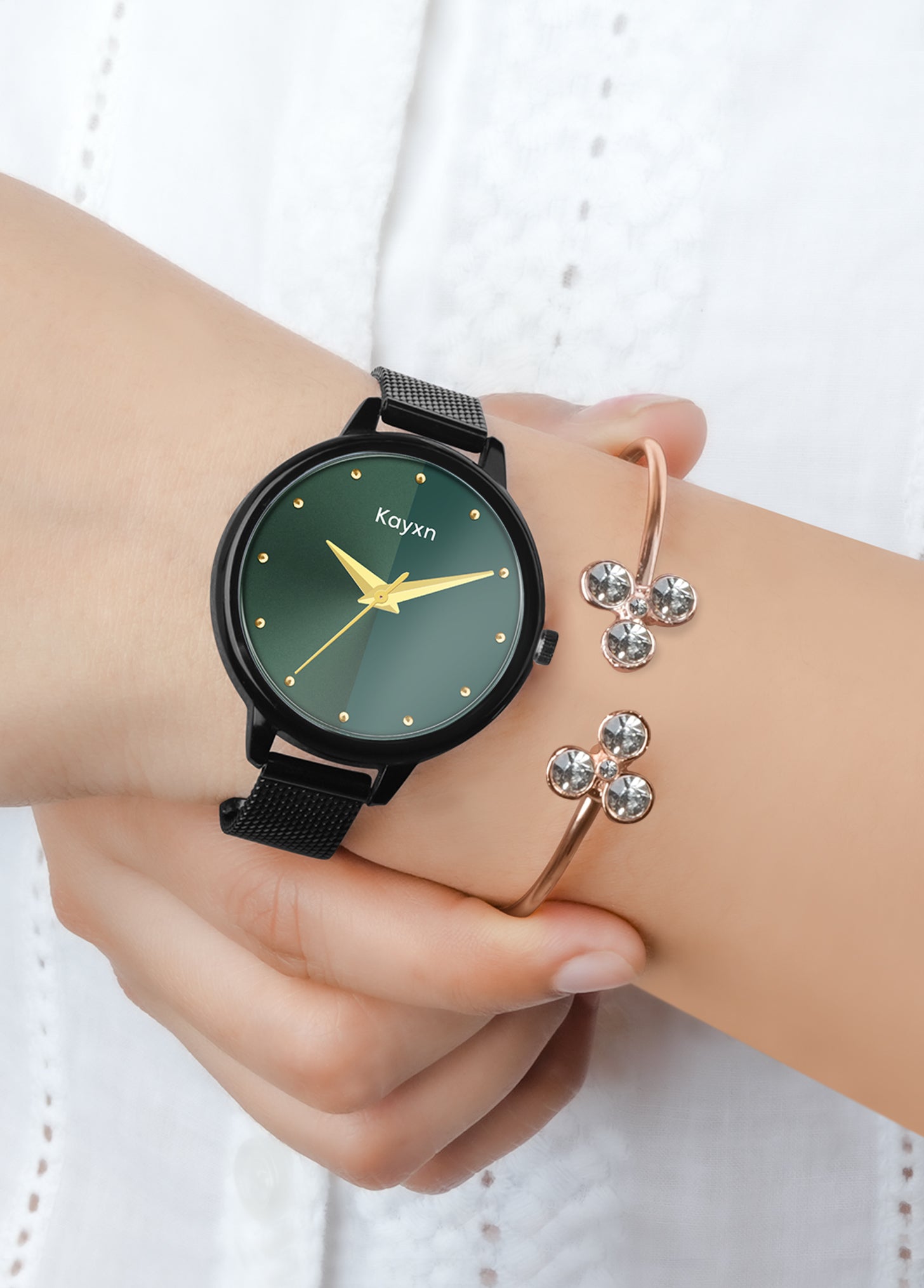Jade Black Embellished Watch & Radiant Flora Bracelet Combo
