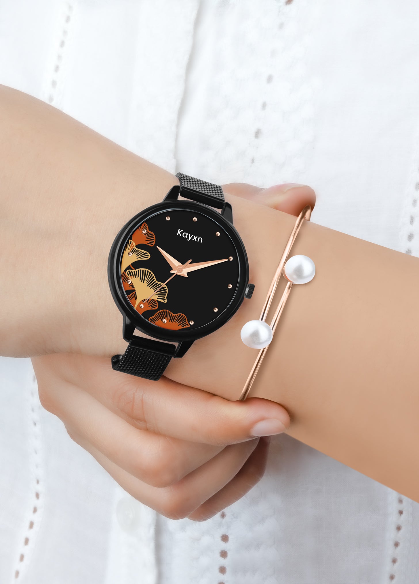 Flora Black Embellished Watch & Pearl Duo Bracelet Combo