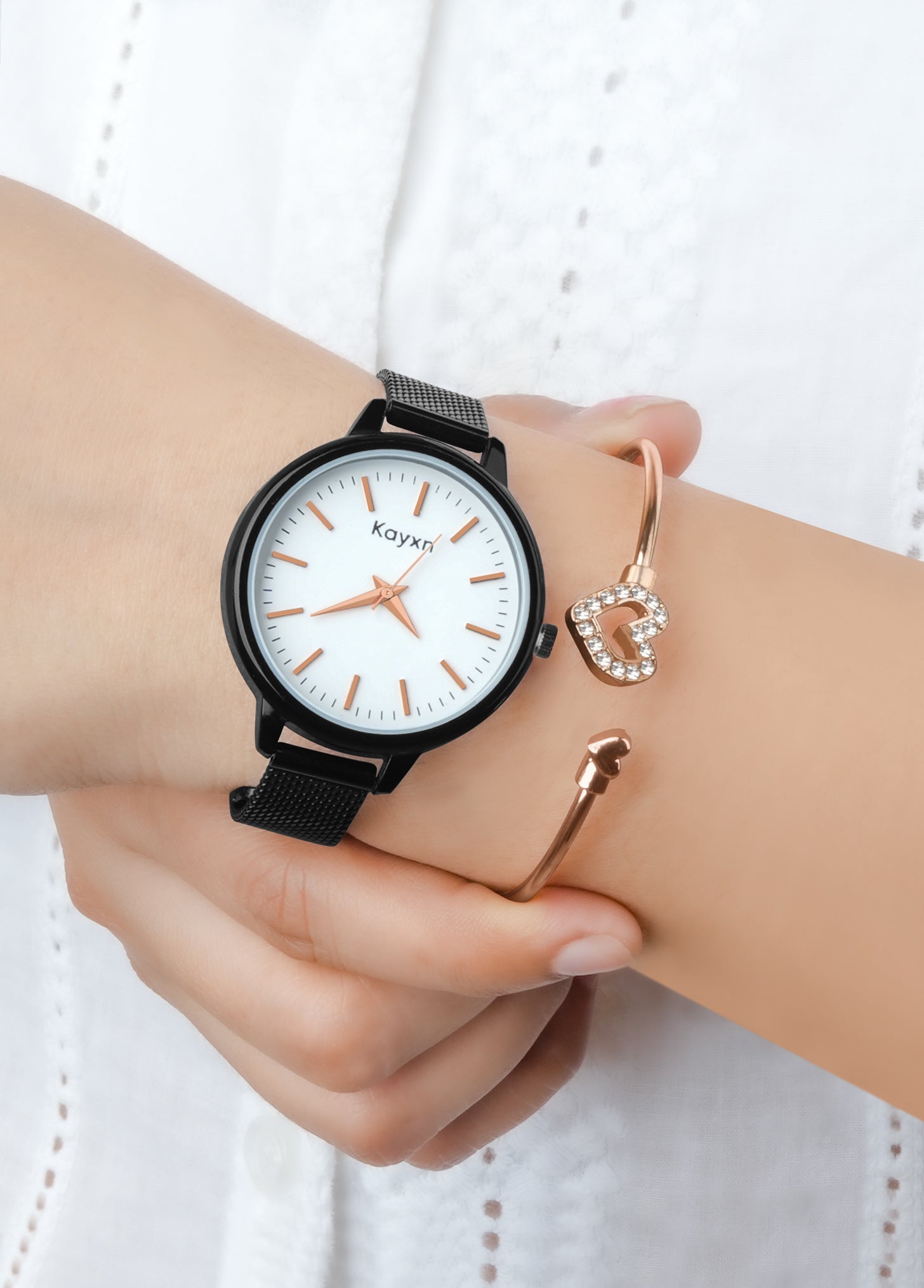 Starlit Black Embellished Watch & Sparkle Heart Bracelet Combo