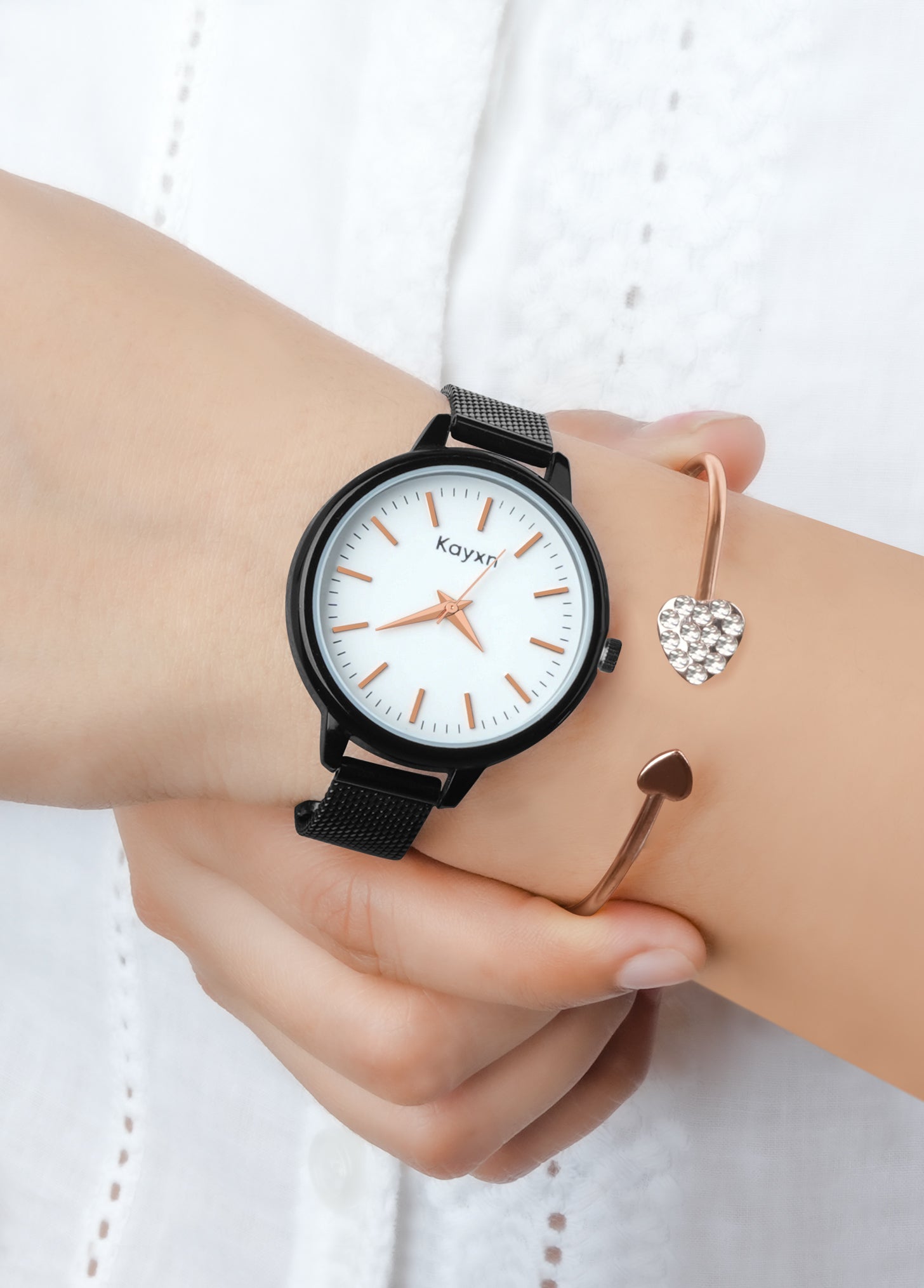 Starlit Black Embellished Watch & Crystal Heart Bracelet Combo