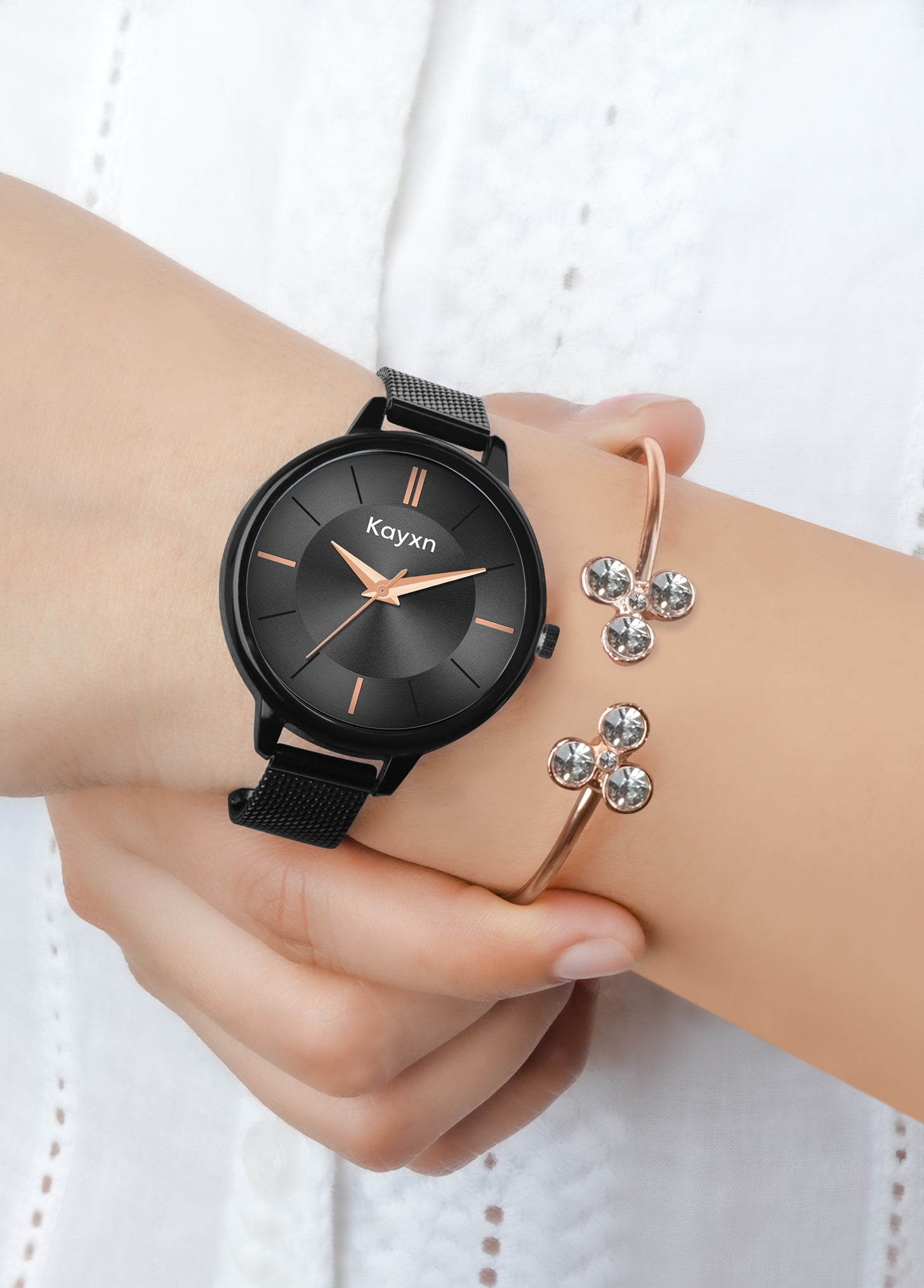 Eclipse Black Embellished Watch & Radiant Flora Bracelet Combo