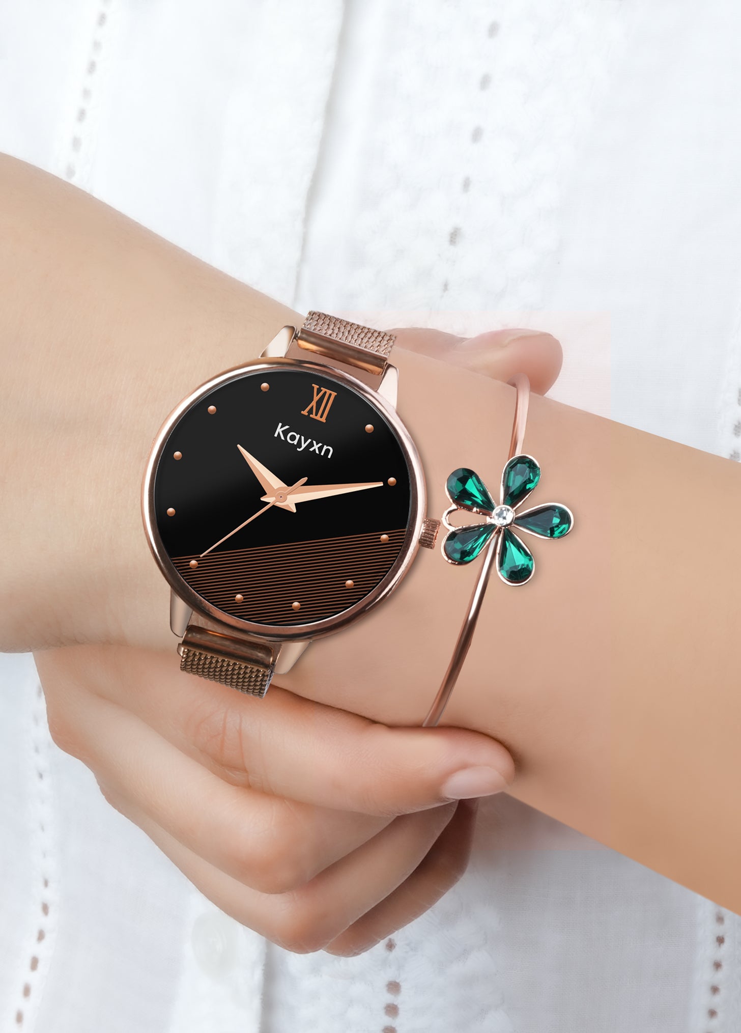 Majesty Rose Gold Embellished Watch & Crystal Petal Bracelet Combo