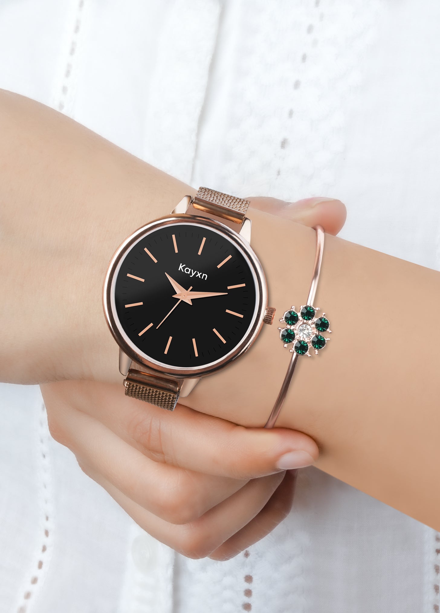 Starlit Rose Gold Embellished Watch & Green Daisy Bracelet Combo