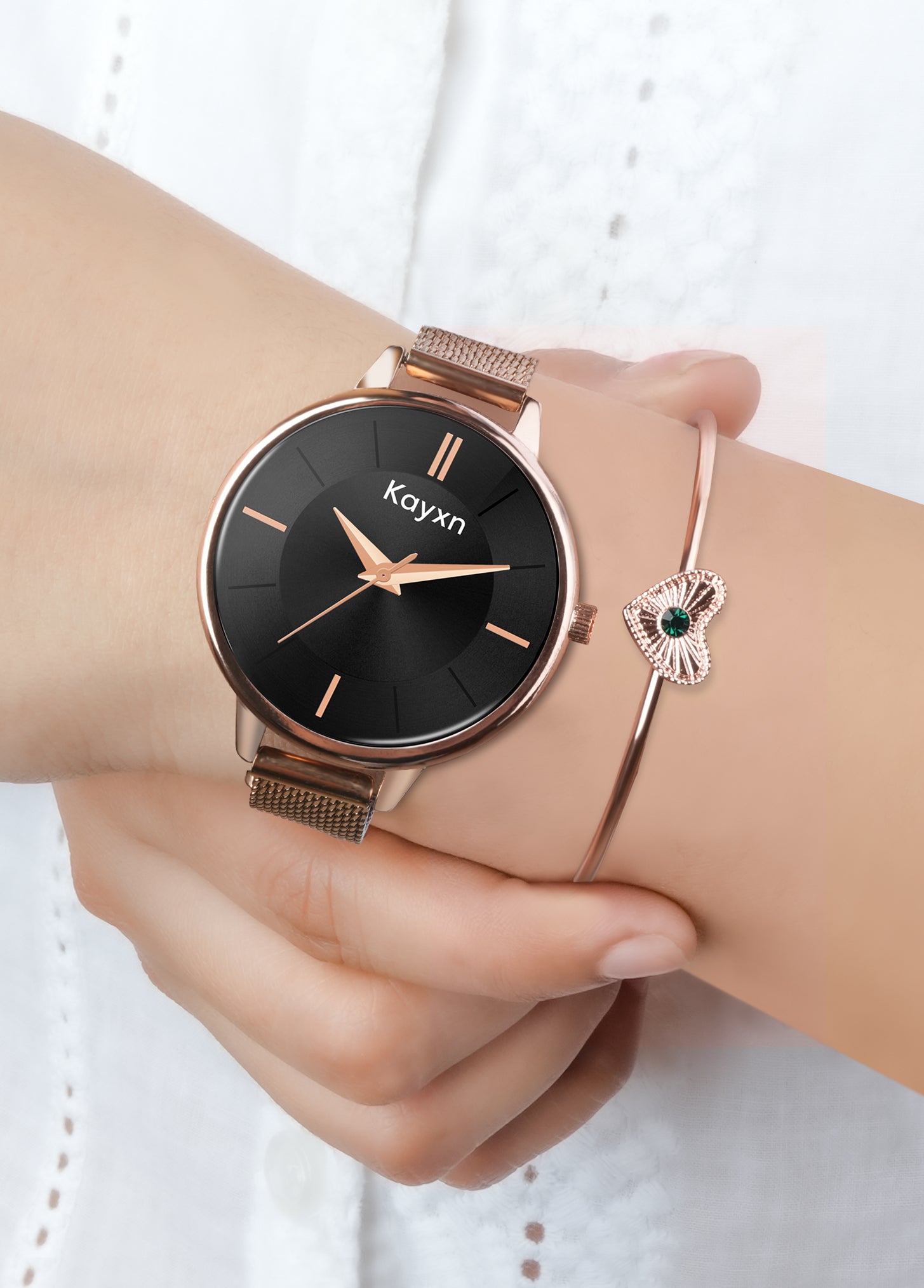Eclipse Rose Gold Embellished Watch & Golden Heart Bracelet Combo
