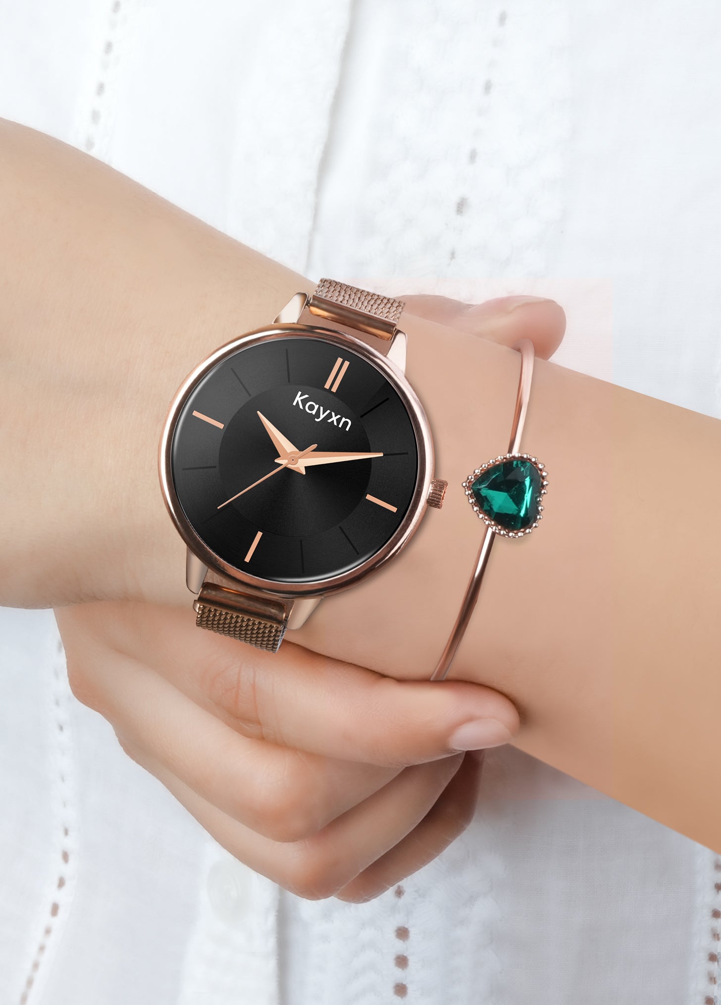 Eclipse Rose Gold Embellished Watch & Emerald Heart Bracelet Combo