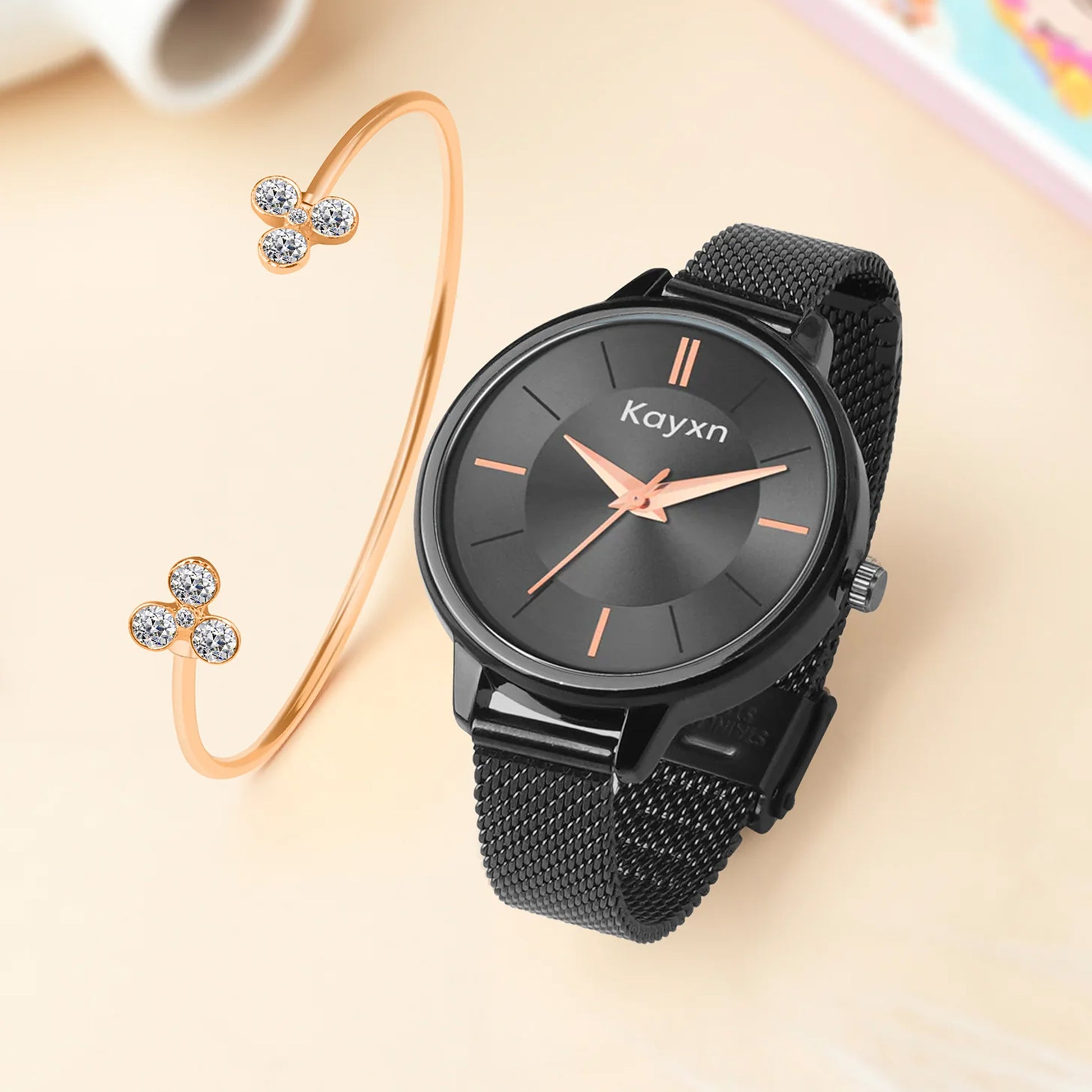 Eclipse Black Embellished Watch & Radiant Flora Bracelet Combo