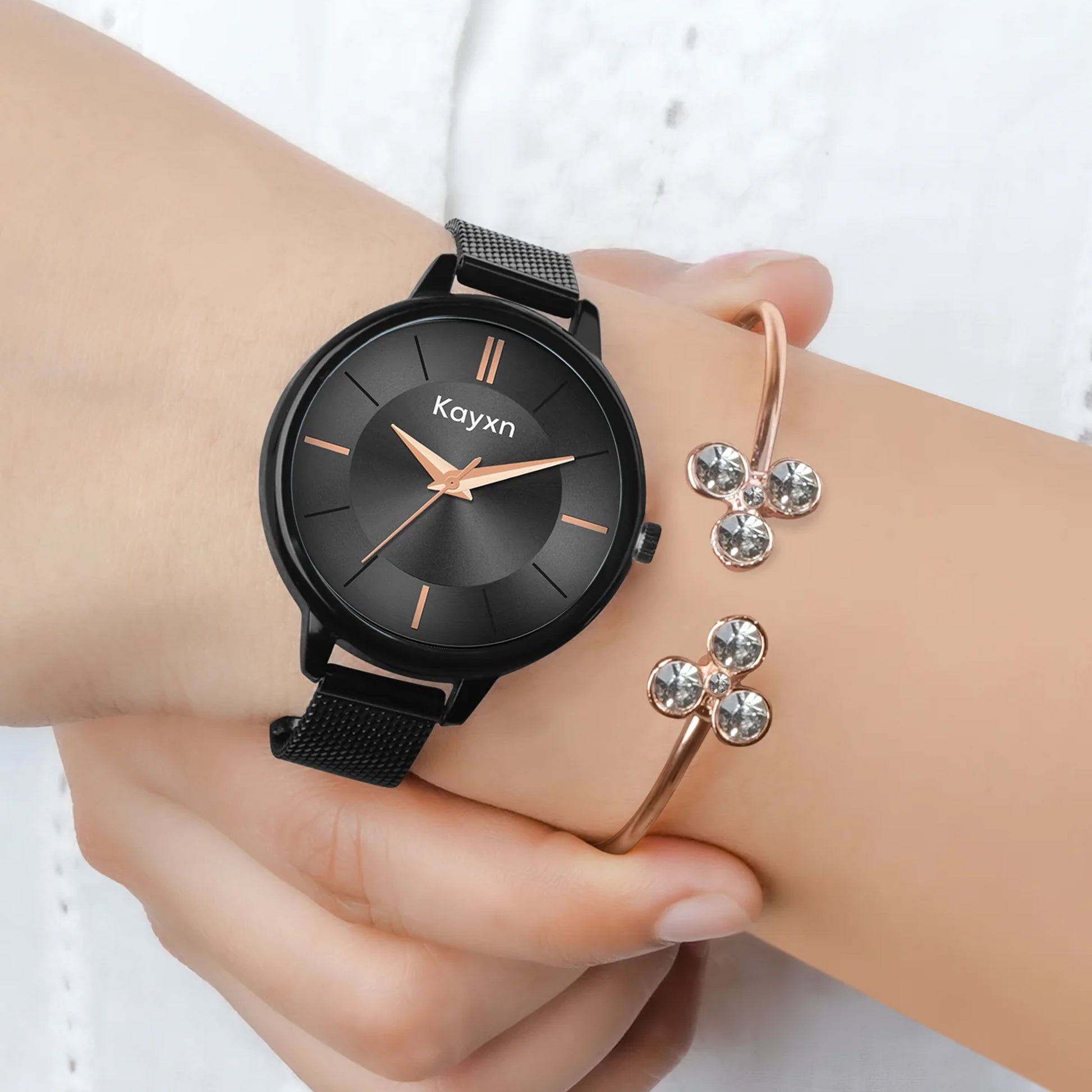 Eclipse Black Embellished Watch & Radiant Flora Bracelet Combo