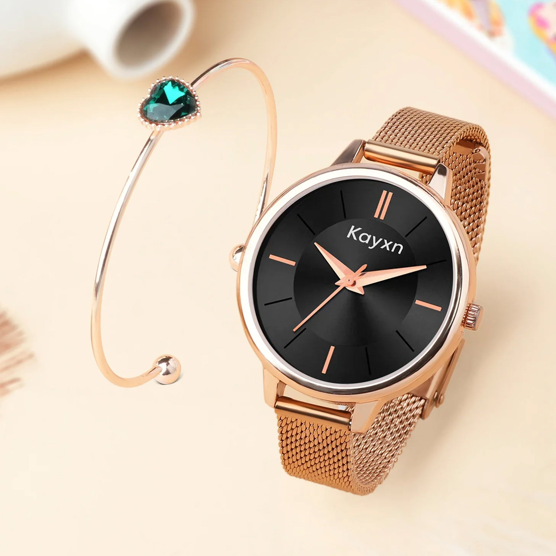 Eclipse Rose Gold Embellished Watch & Emerald Heart Bracelet Combo