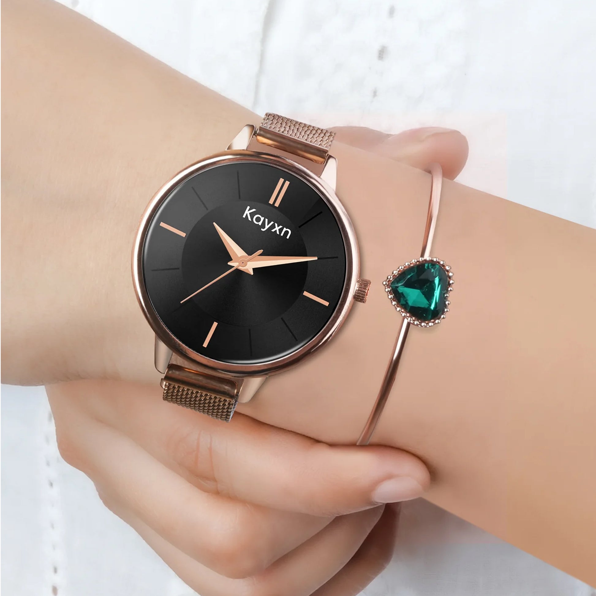 Eclipse Rose Gold Embellished Watch & Emerald Heart Bracelet Combo