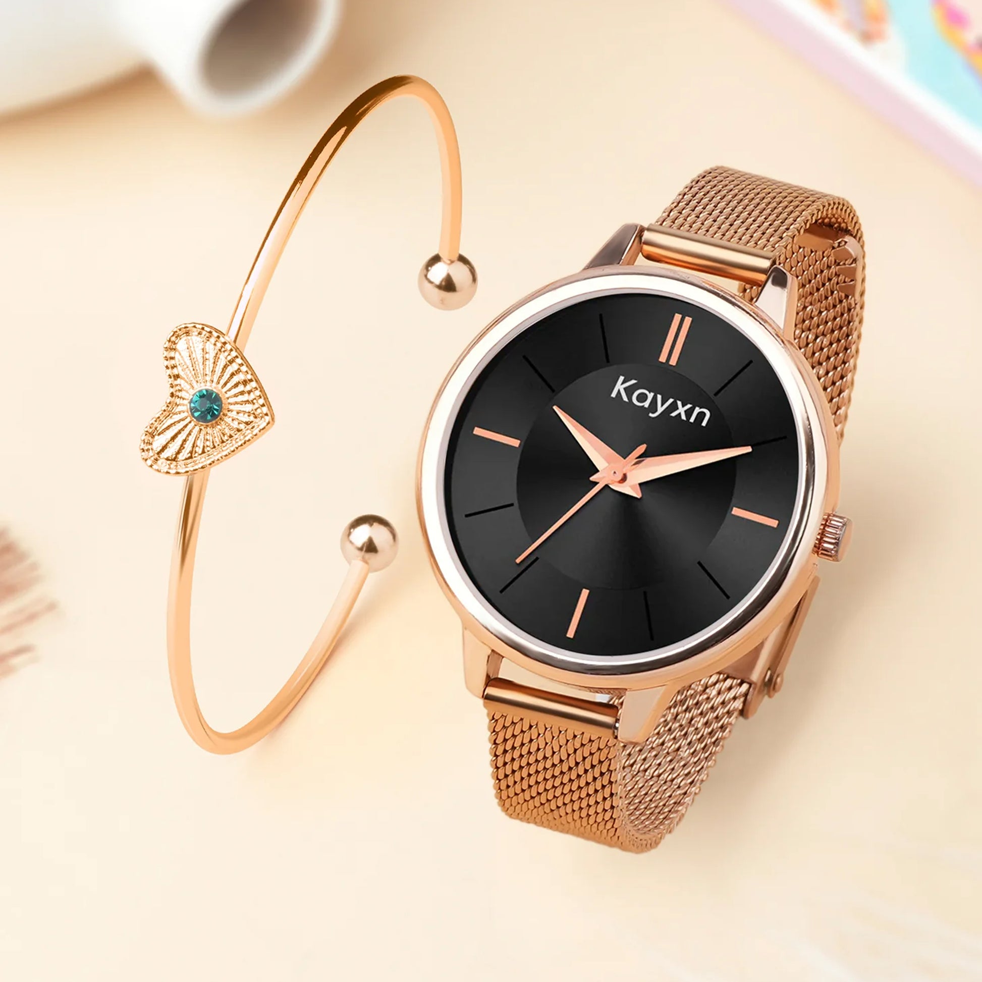 Eclipse Rose Gold Embellished Watch & Golden Heart Bracelet Combo