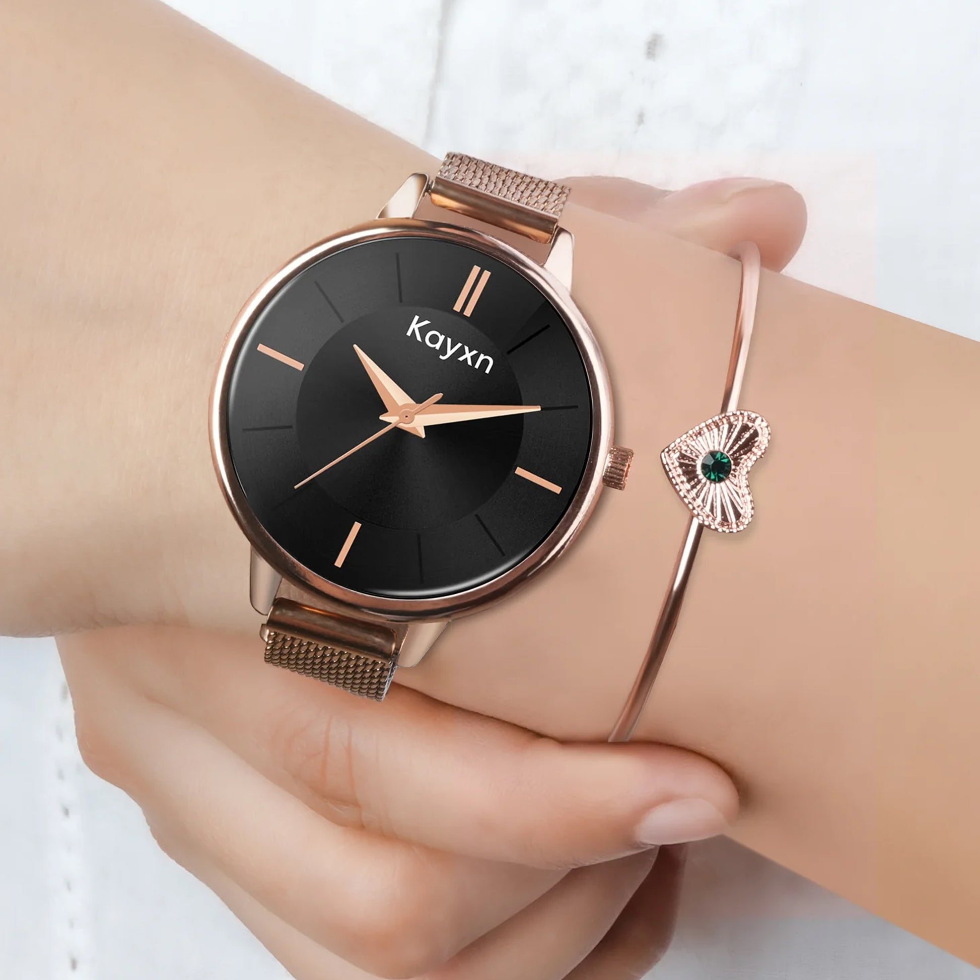 Eclipse Rose Gold Embellished Watch & Golden Heart Bracelet Combo