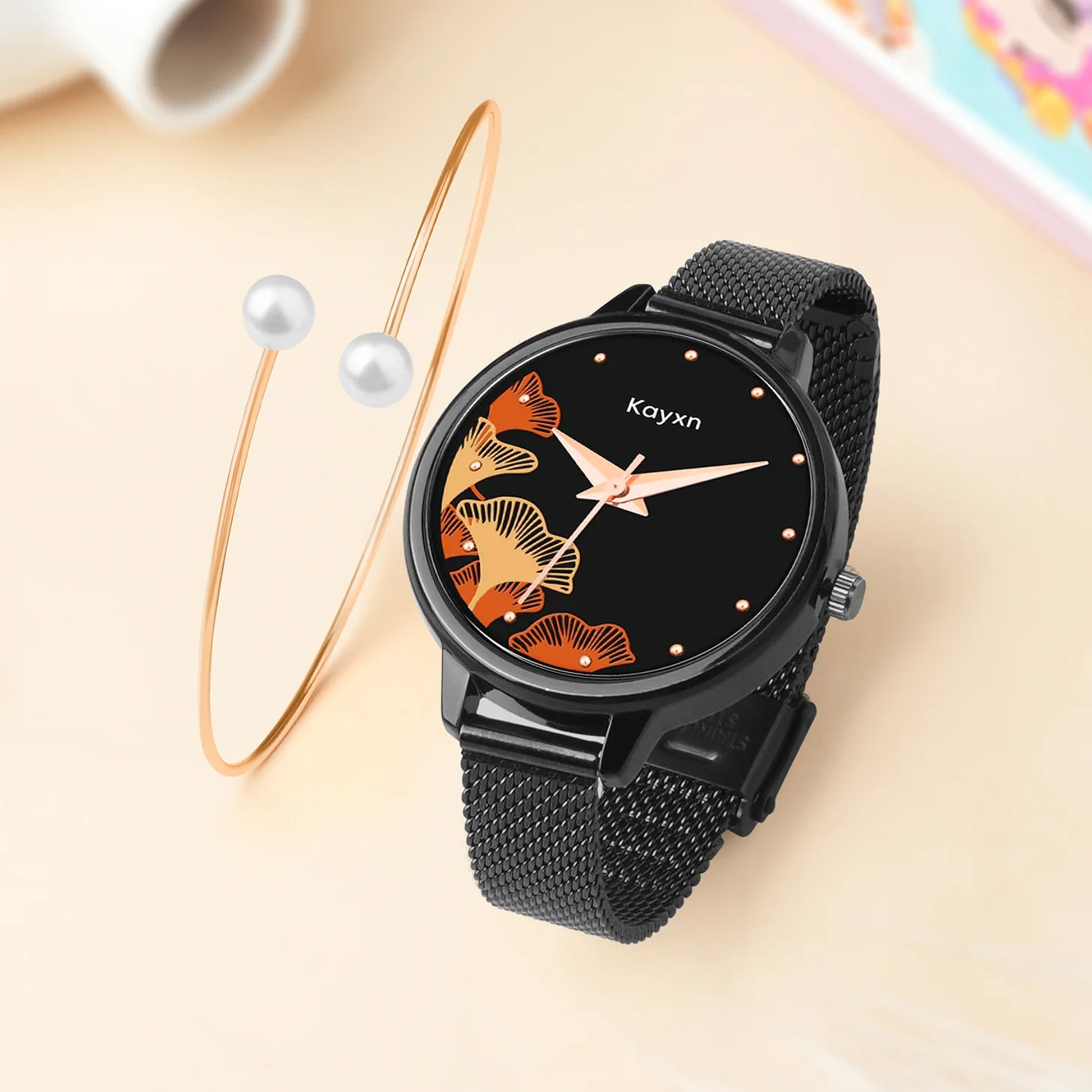 Flora Black Embellished Watch & Pearl Duo Bracelet Combo