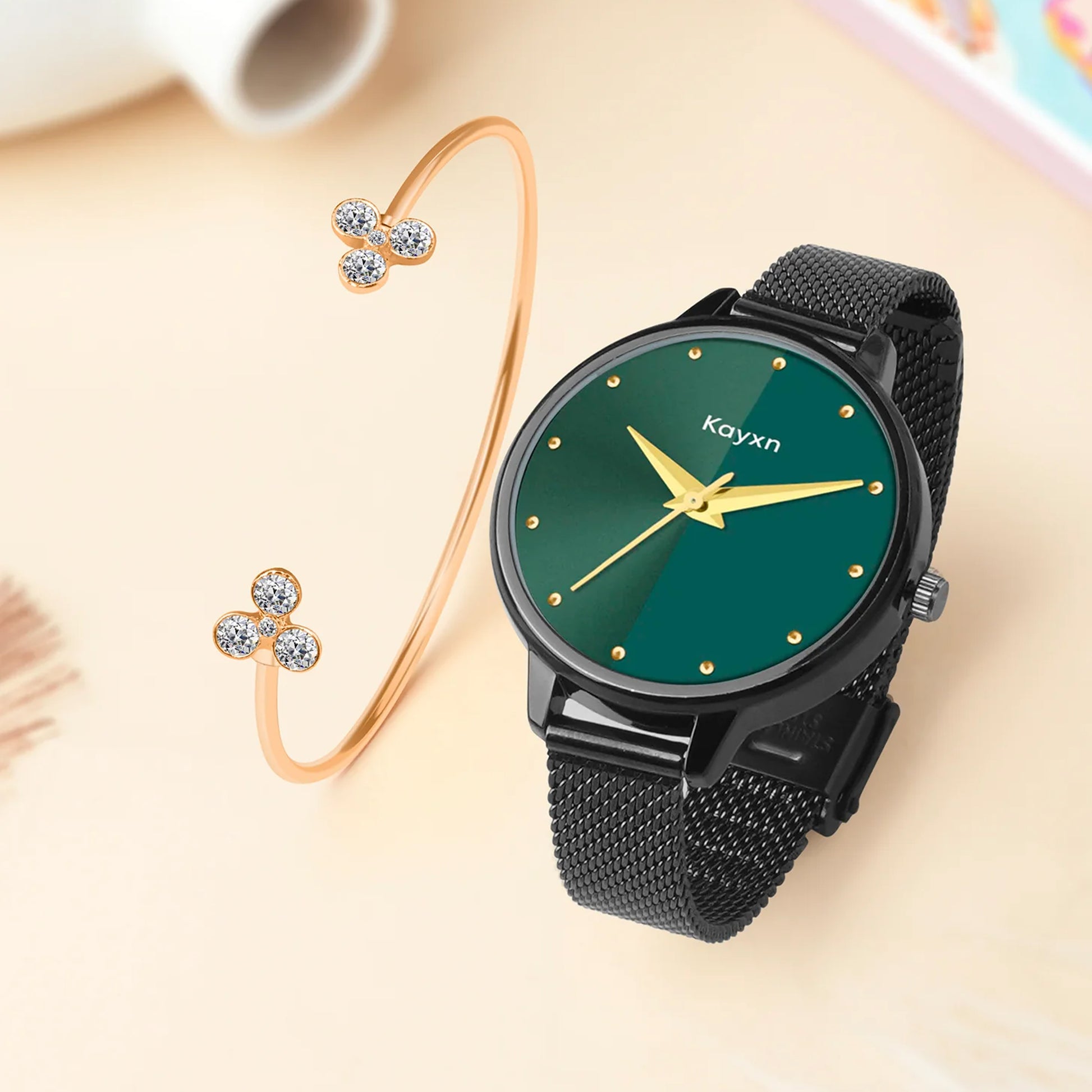 Jade Black Embellished Watch & Radiant Flora Bracelet Combo