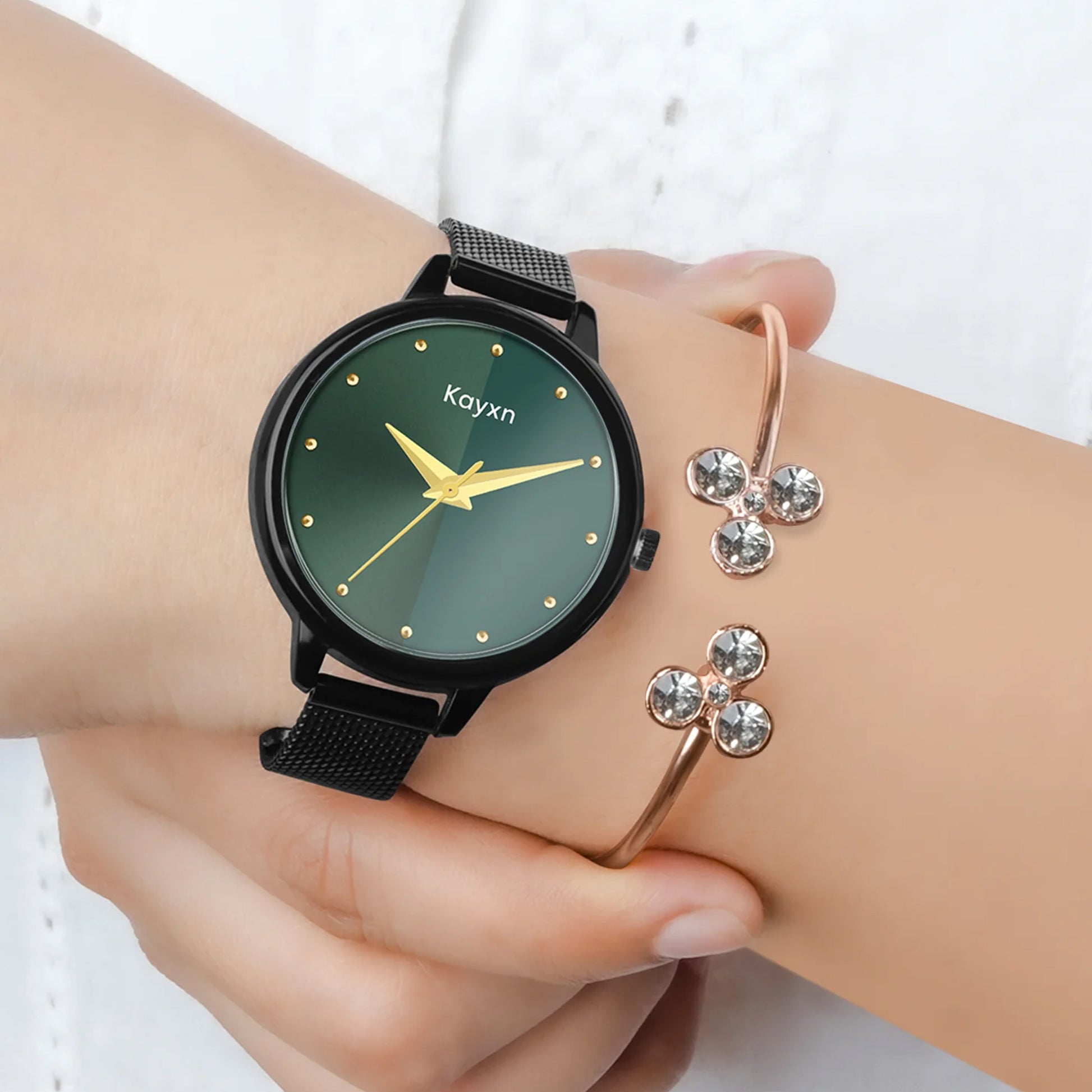 Jade Black Embellished Watch & Radiant Flora Bracelet Combo