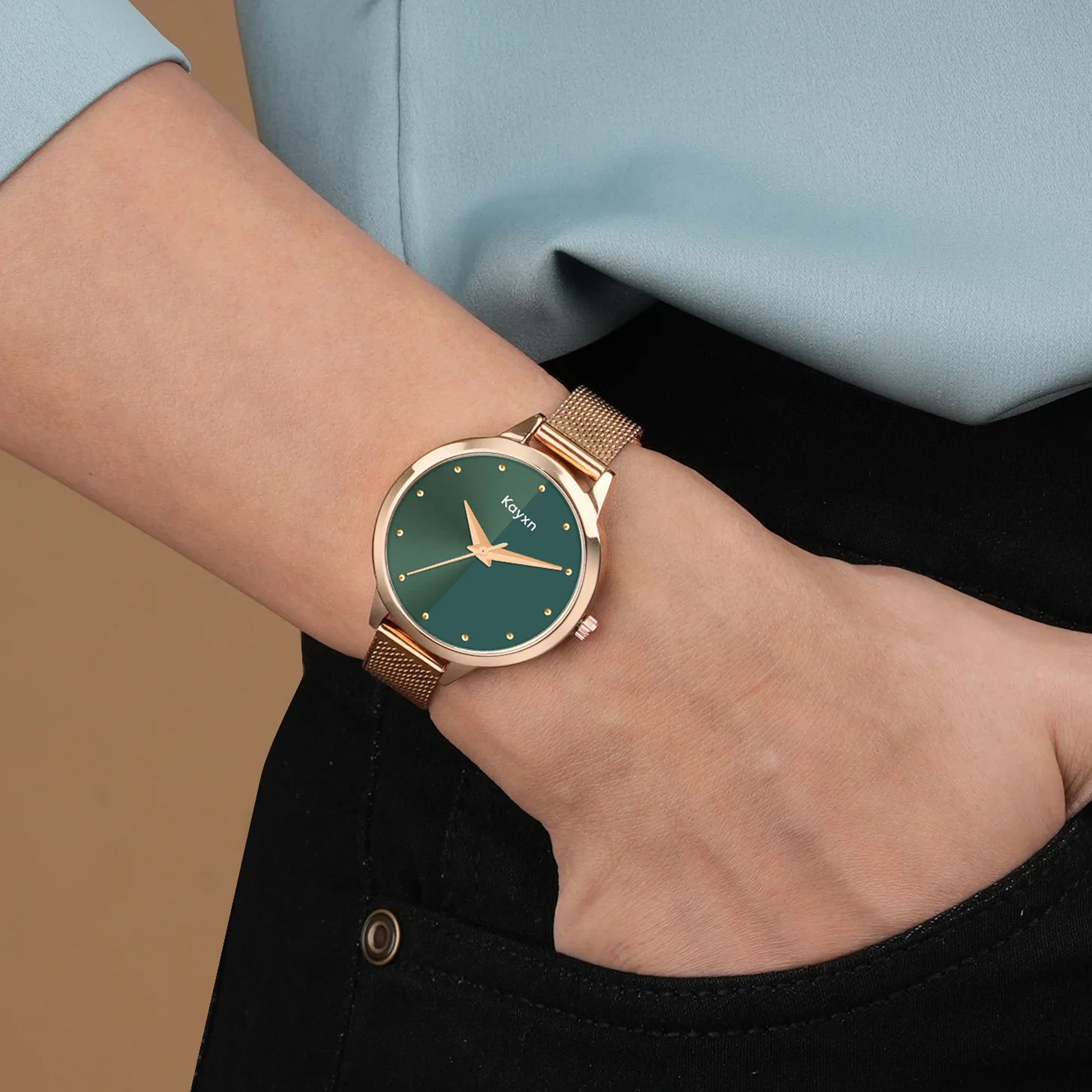 Jade Embellished Dial Analogue Watch For Women - Rose Gold