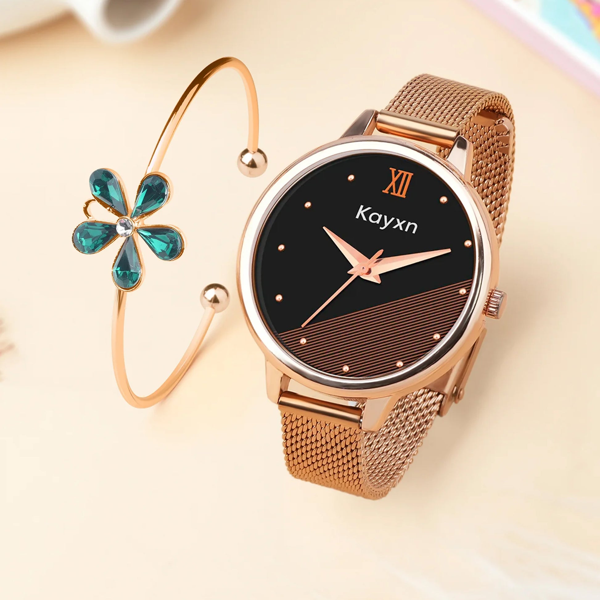 Majesty Rose Gold Embellished Watch & Crystal Petal Bracelet Combo