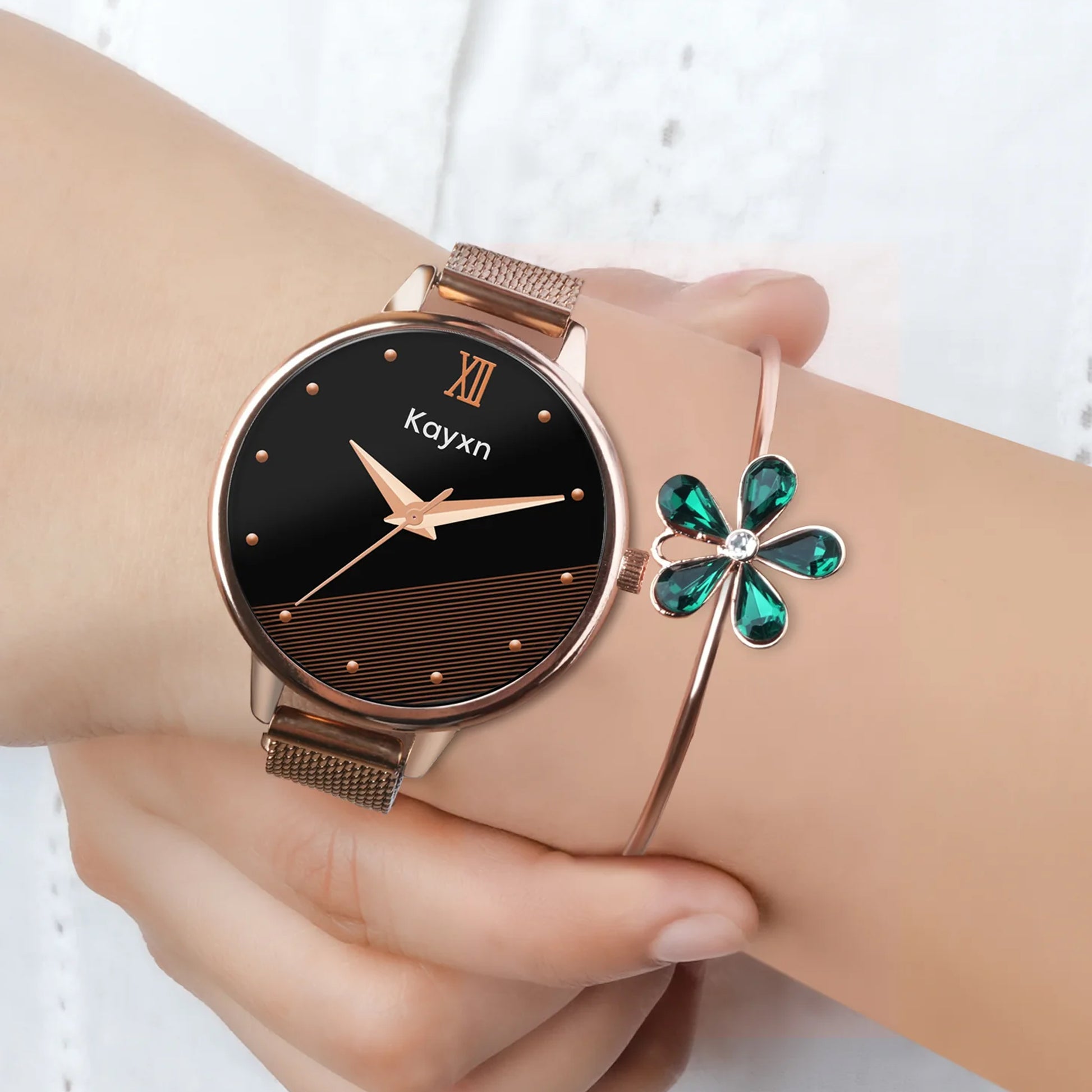 Majesty Rose Gold Embellished Watch & Crystal Petal Bracelet Combo