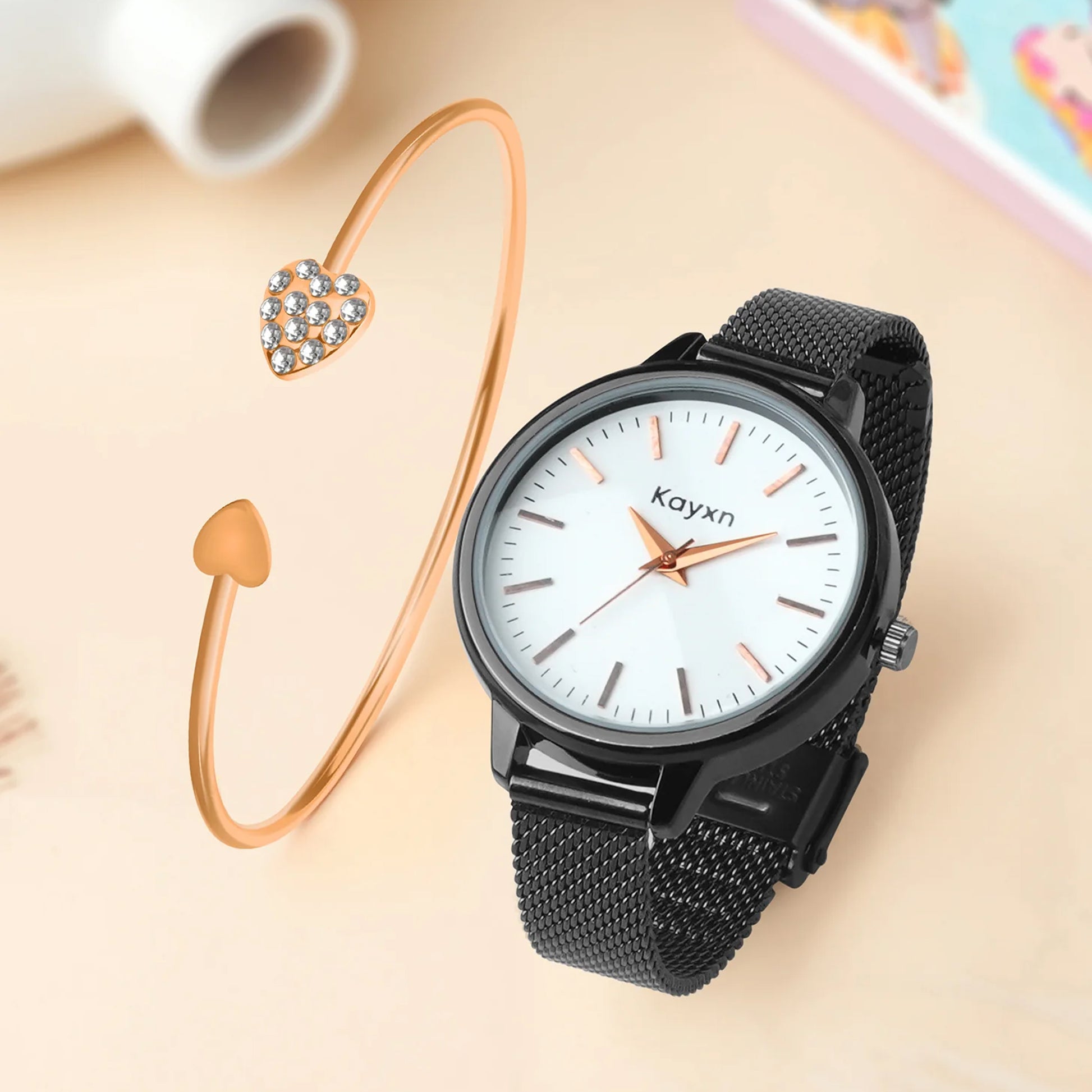 Starlit Black Embellished Watch & Crystal Heart Bracelet Combo