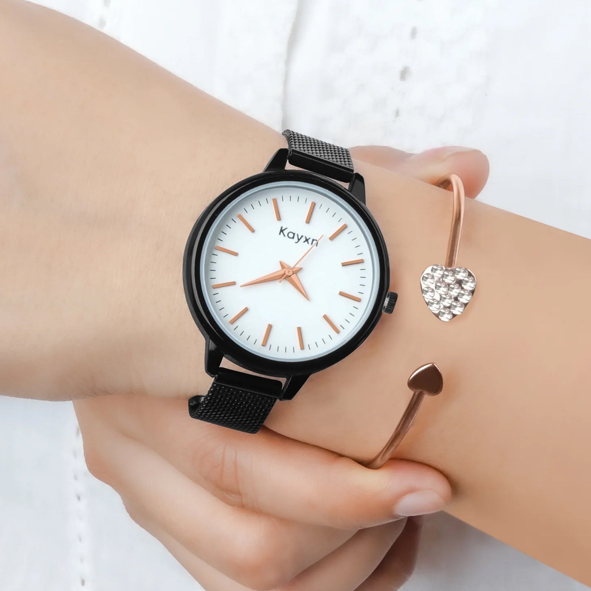 Starlit Black Embellished Watch & Crystal Heart Bracelet Combo