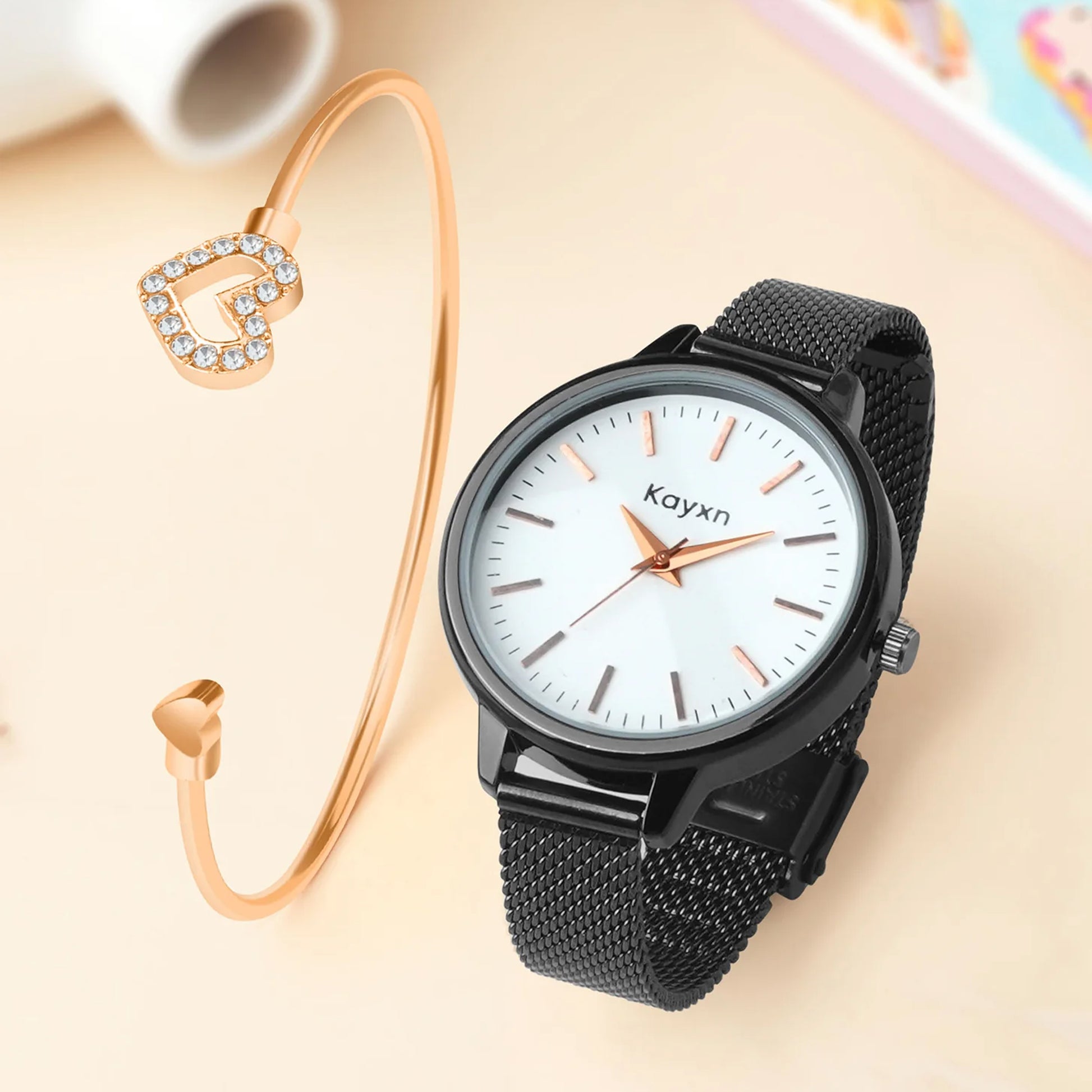 Starlit Black Embellished Watch & Sparkle Heart Bracelet Combo