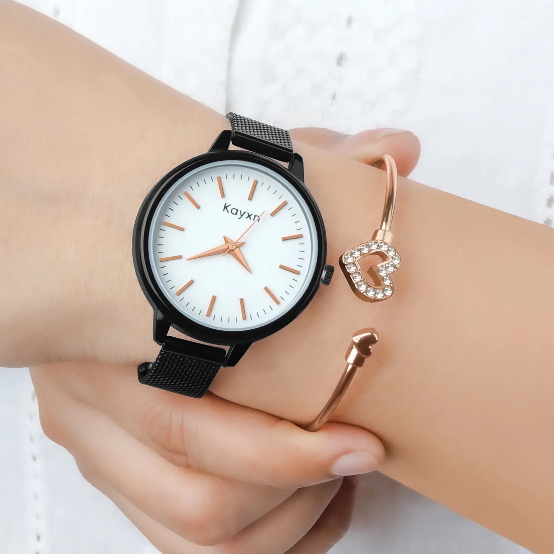 Starlit Black Embellished Watch & Sparkle Heart Bracelet Combo