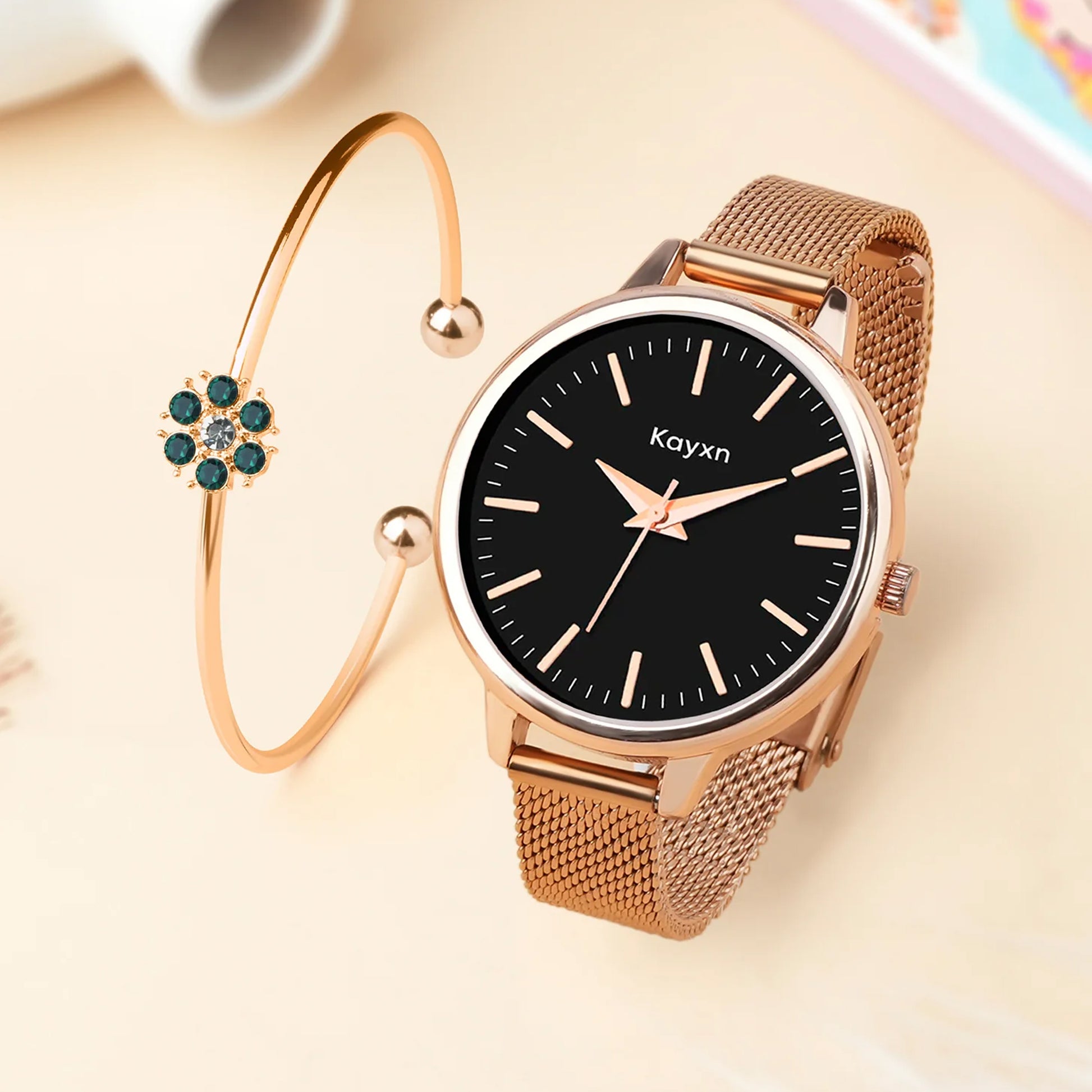 Starlit Rose Gold Embellished Watch & Green Daisy Bracelet Combo